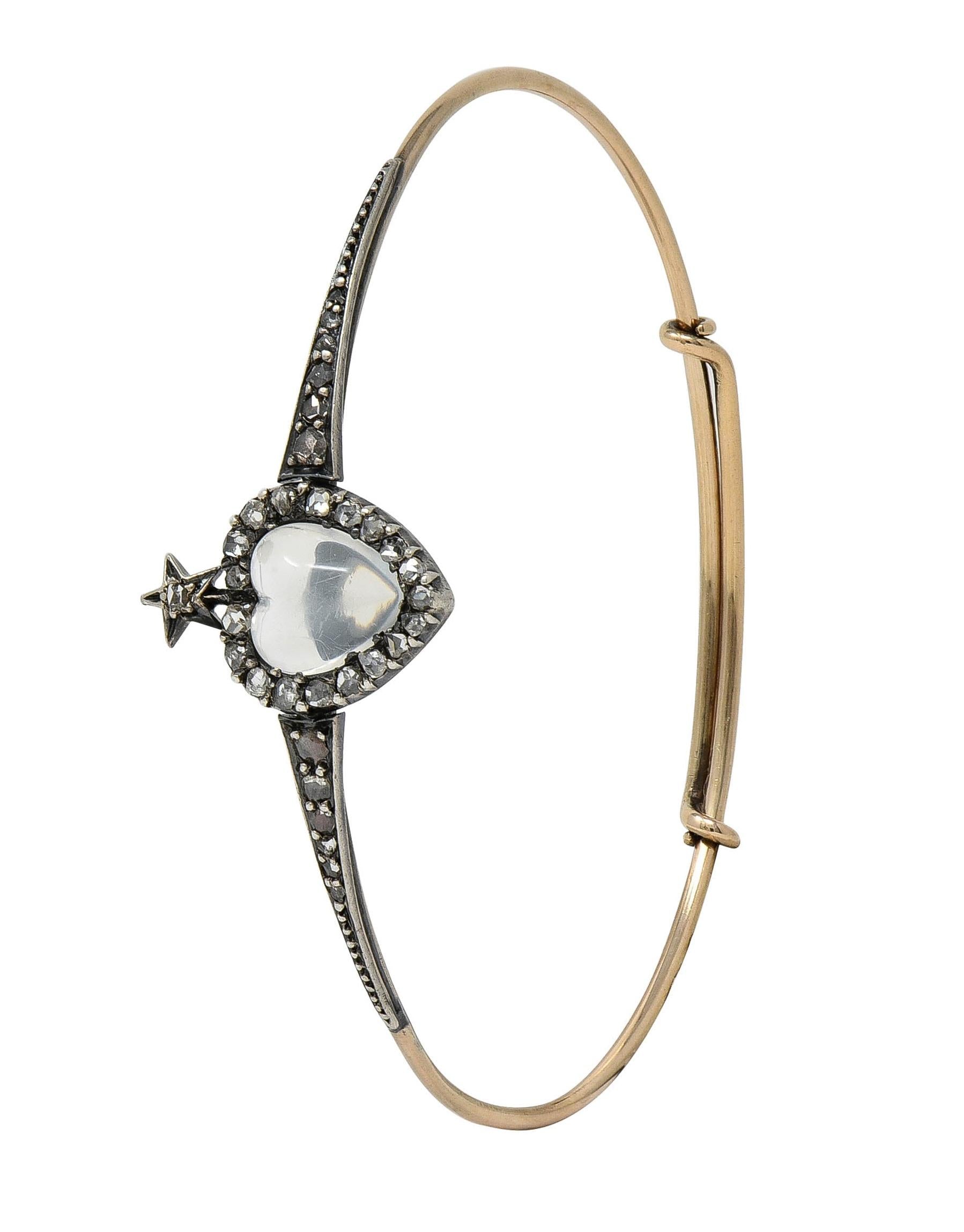 Victorian Moonstone Diamond 14K Gold Silver Heart Star Antique Bangle Bracelet