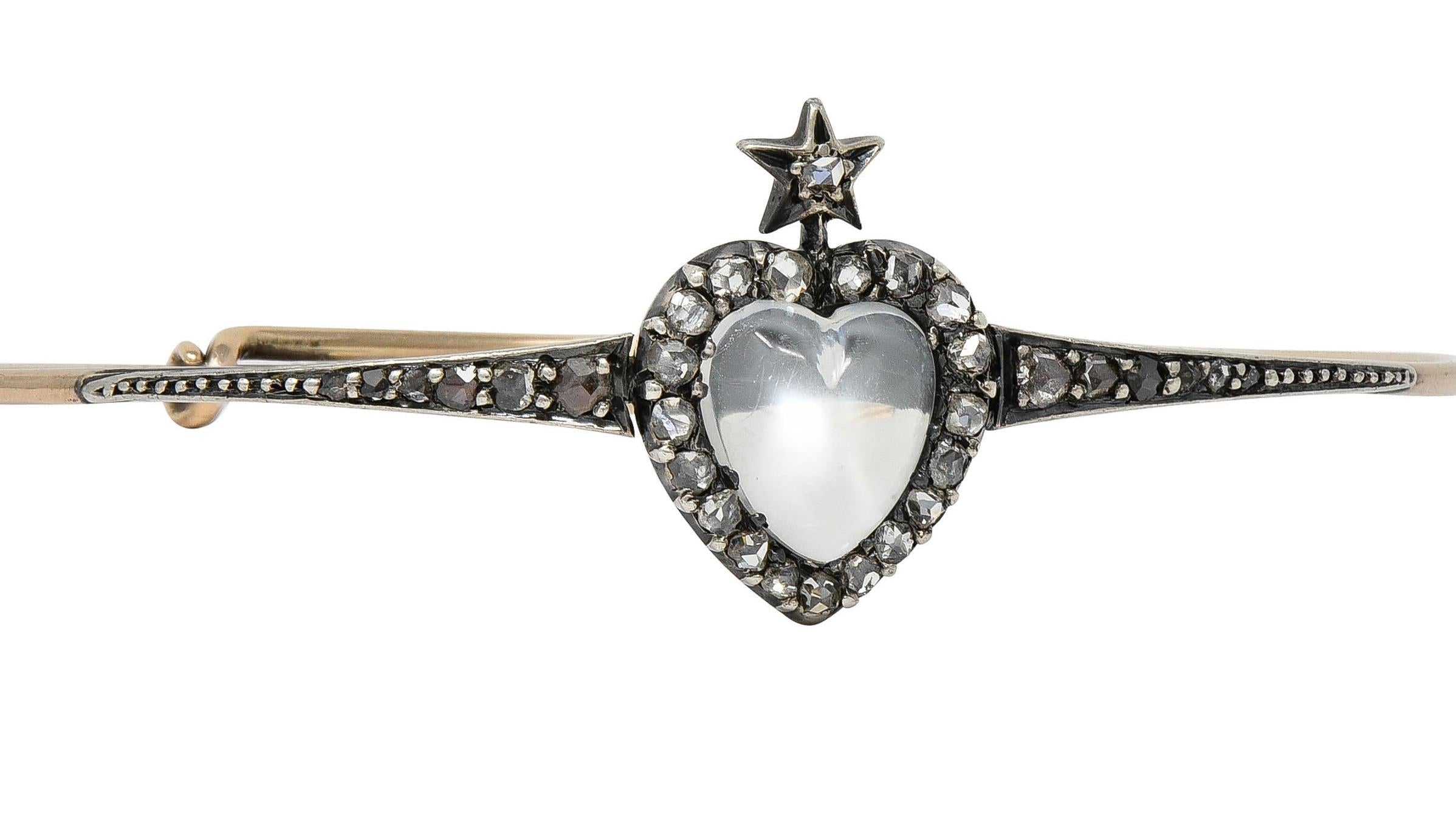 Victorian Moonstone Diamond 14K Gold Silver Heart Star Antique Bangle Bracelet