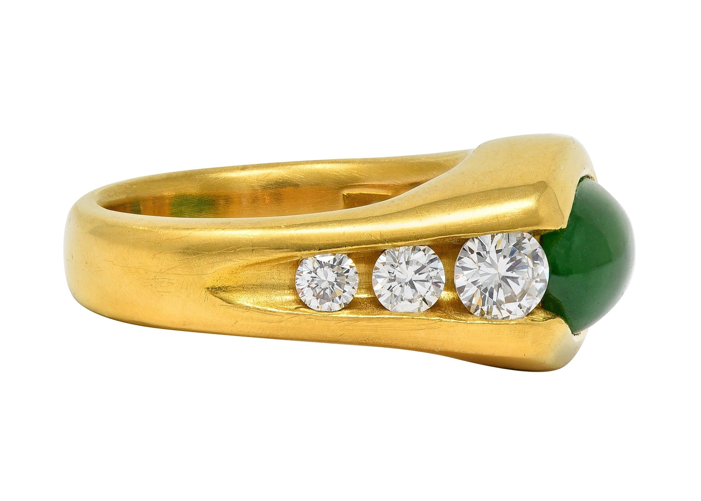 Modernist Fei Cui Jadeite Jade Diamond 18 Karat Yellow Gold Vintage Channel Ring