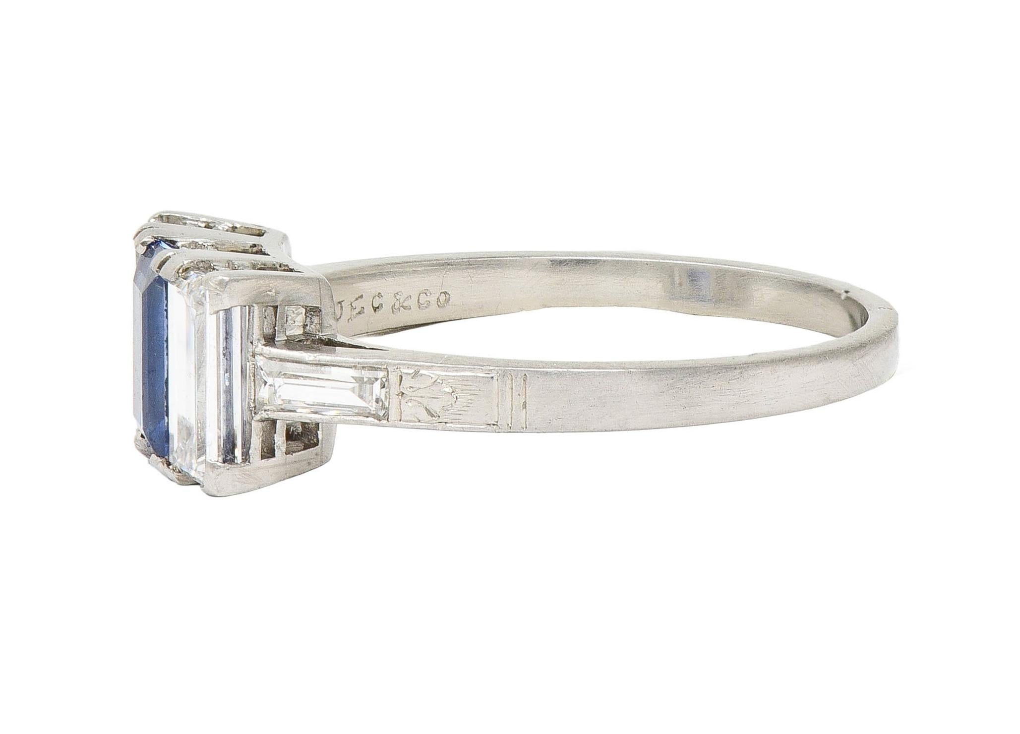 J.E.Caldwell Art Deco 1.82 CTW Sapphire Diamond Platinum Vintage 3 Stone Ring