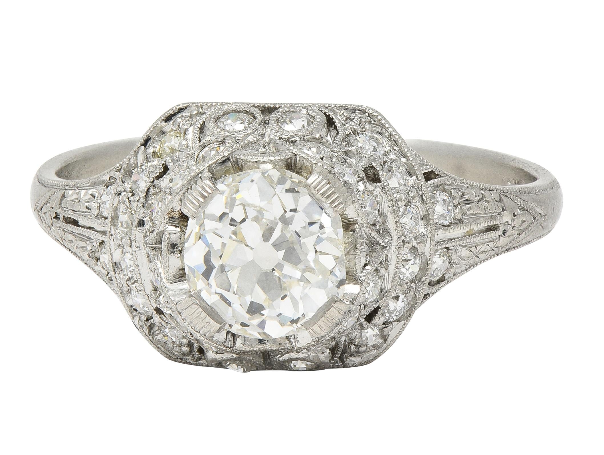 Art Deco 1.71 CTW Old Mine Cut Diamond Platinum Ribbon Vintage Engagement Ring