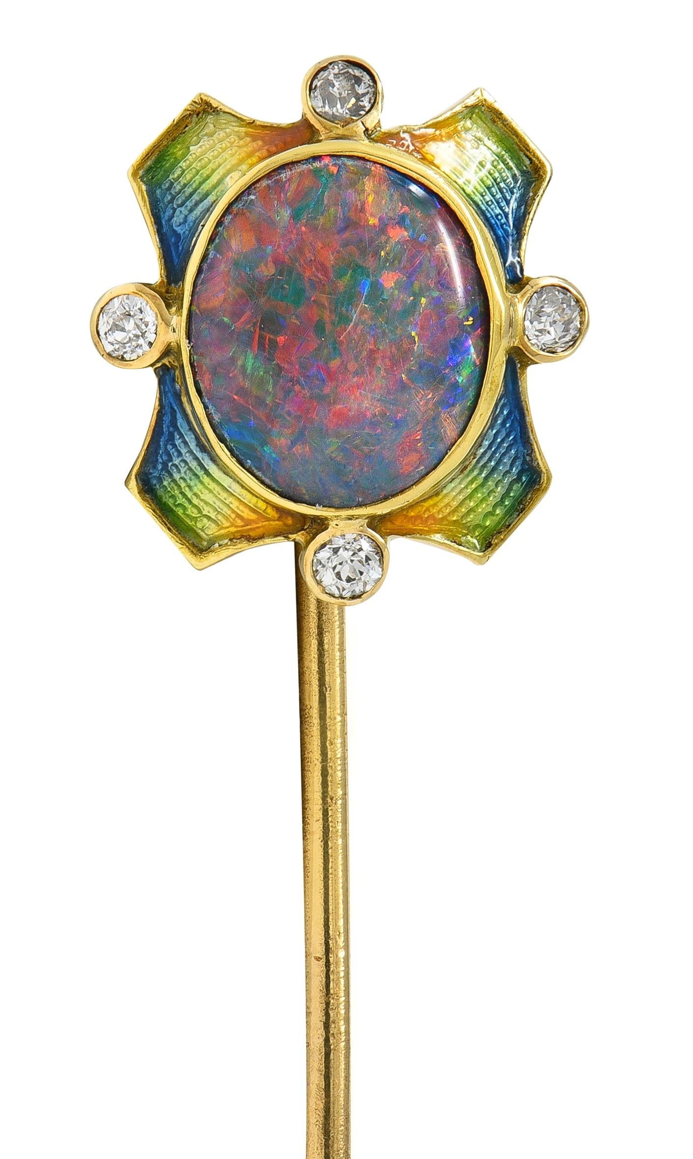 Art Nouveau Opal Diamond Enamel 14 Karat Yellow Gold Antique Stickpin