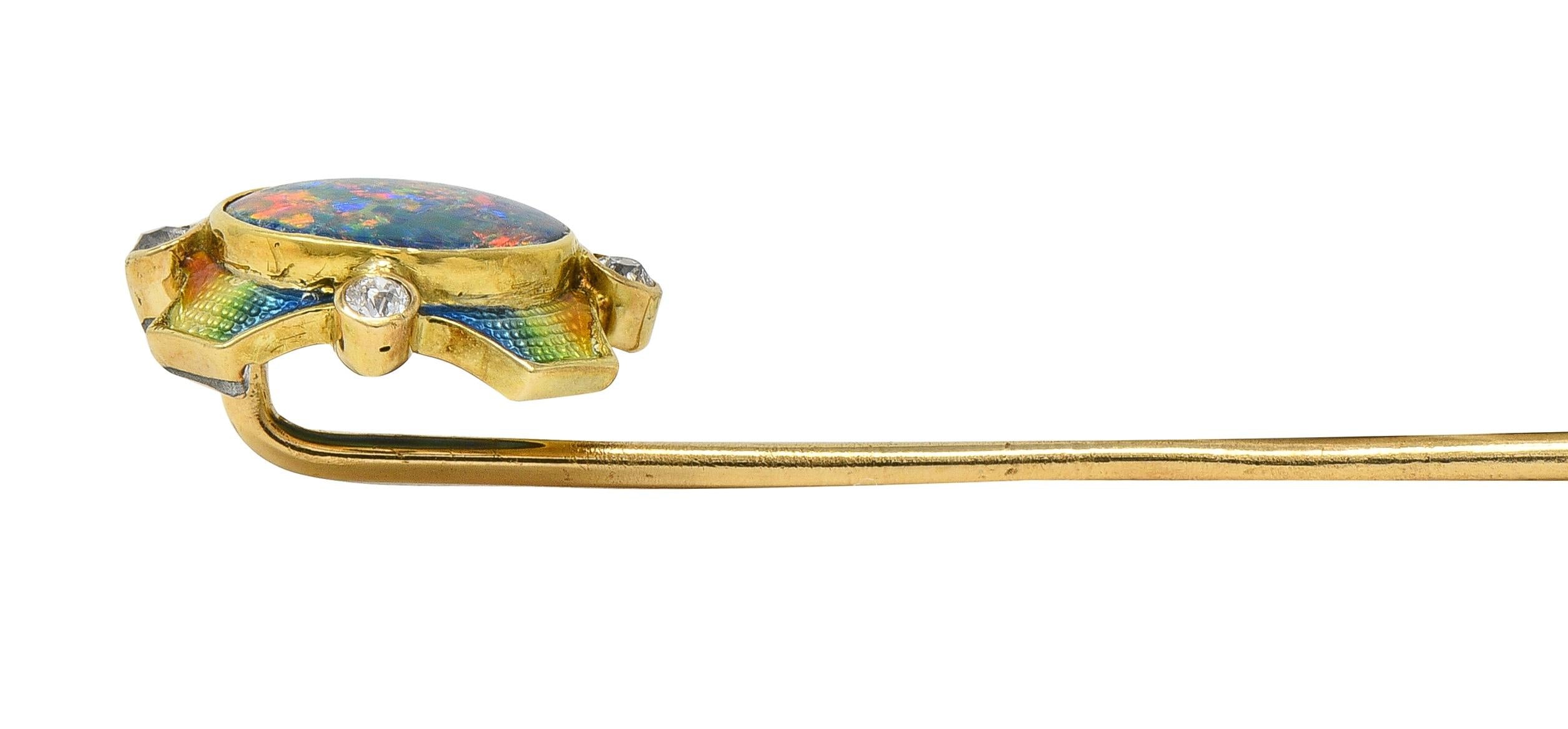 Art Nouveau Opal Diamond Enamel 14 Karat Yellow Gold Antique Stickpin