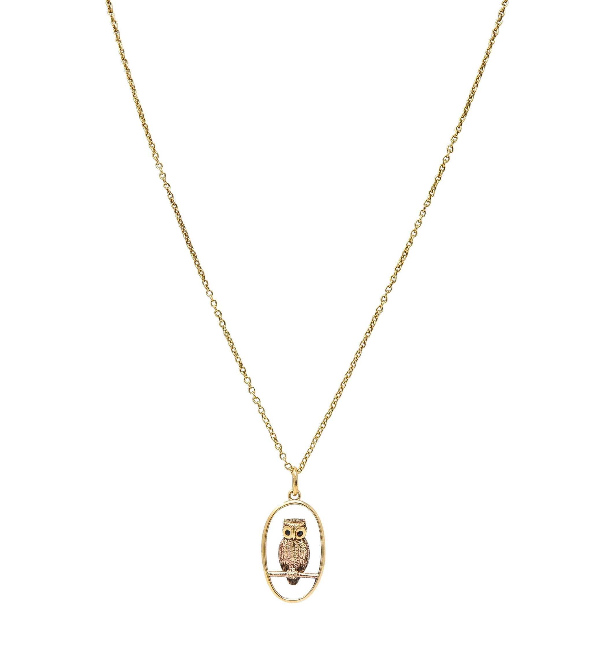 Late Victorian Sapphire 9 Karat Yellow Gold Antique Owl Pendant Necklace