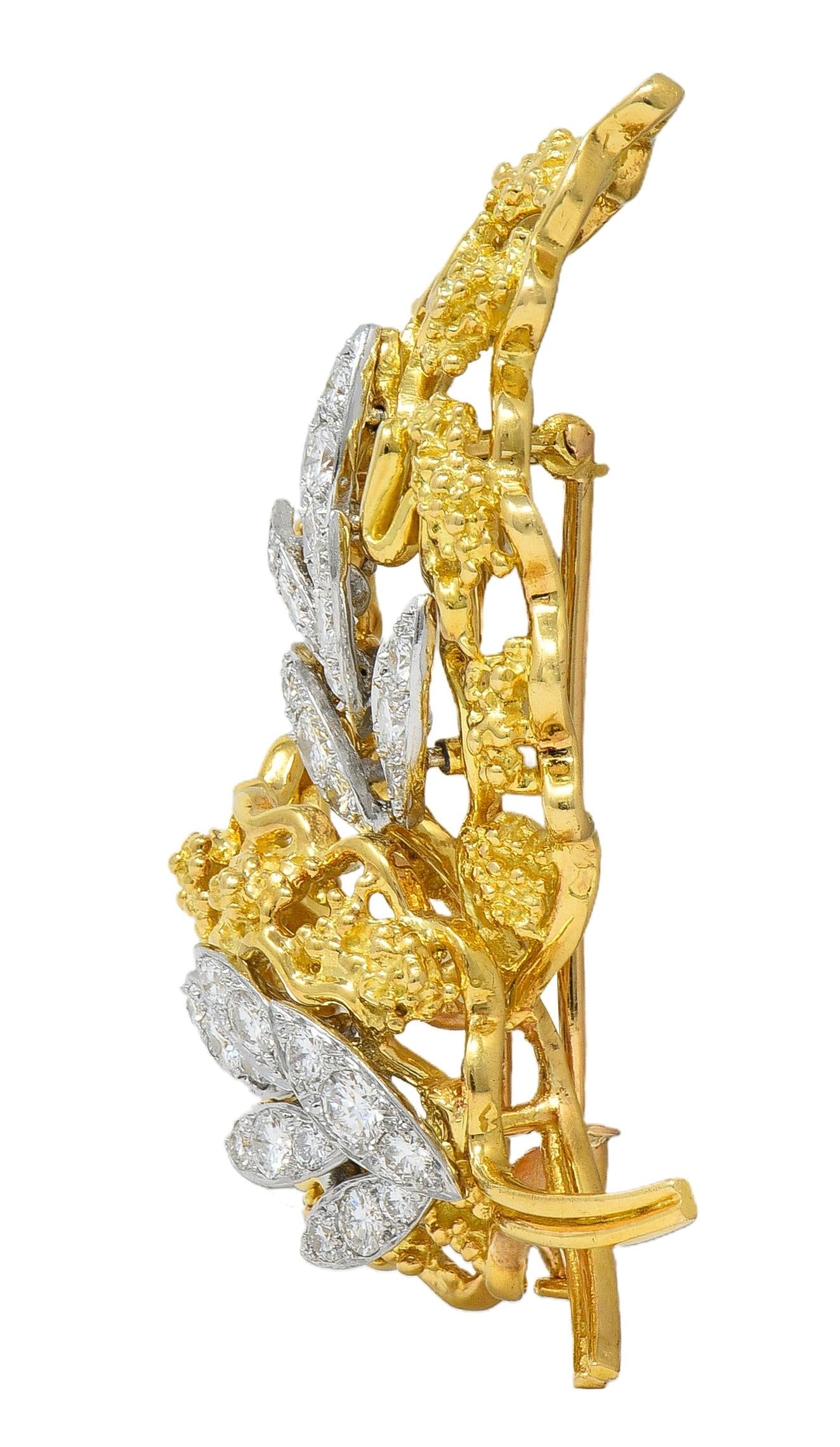 French 1970's Diamond Platinum 18 Karat Yellow Gold Vintage Leaf Floral Brooch