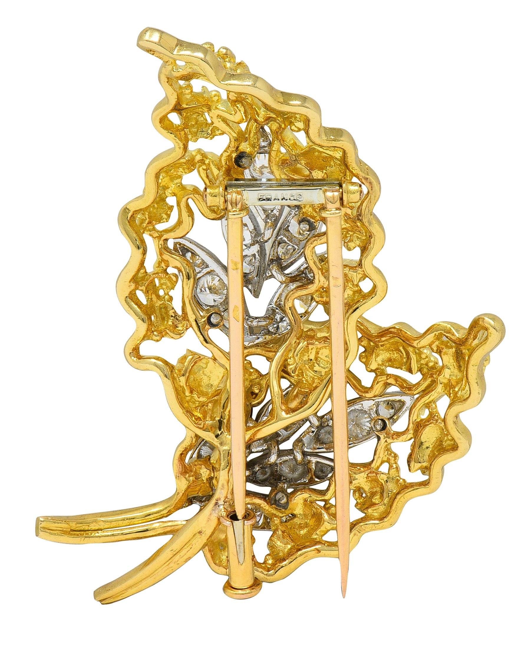 French 1970's Diamond Platinum 18 Karat Yellow Gold Vintage Leaf Floral Brooch