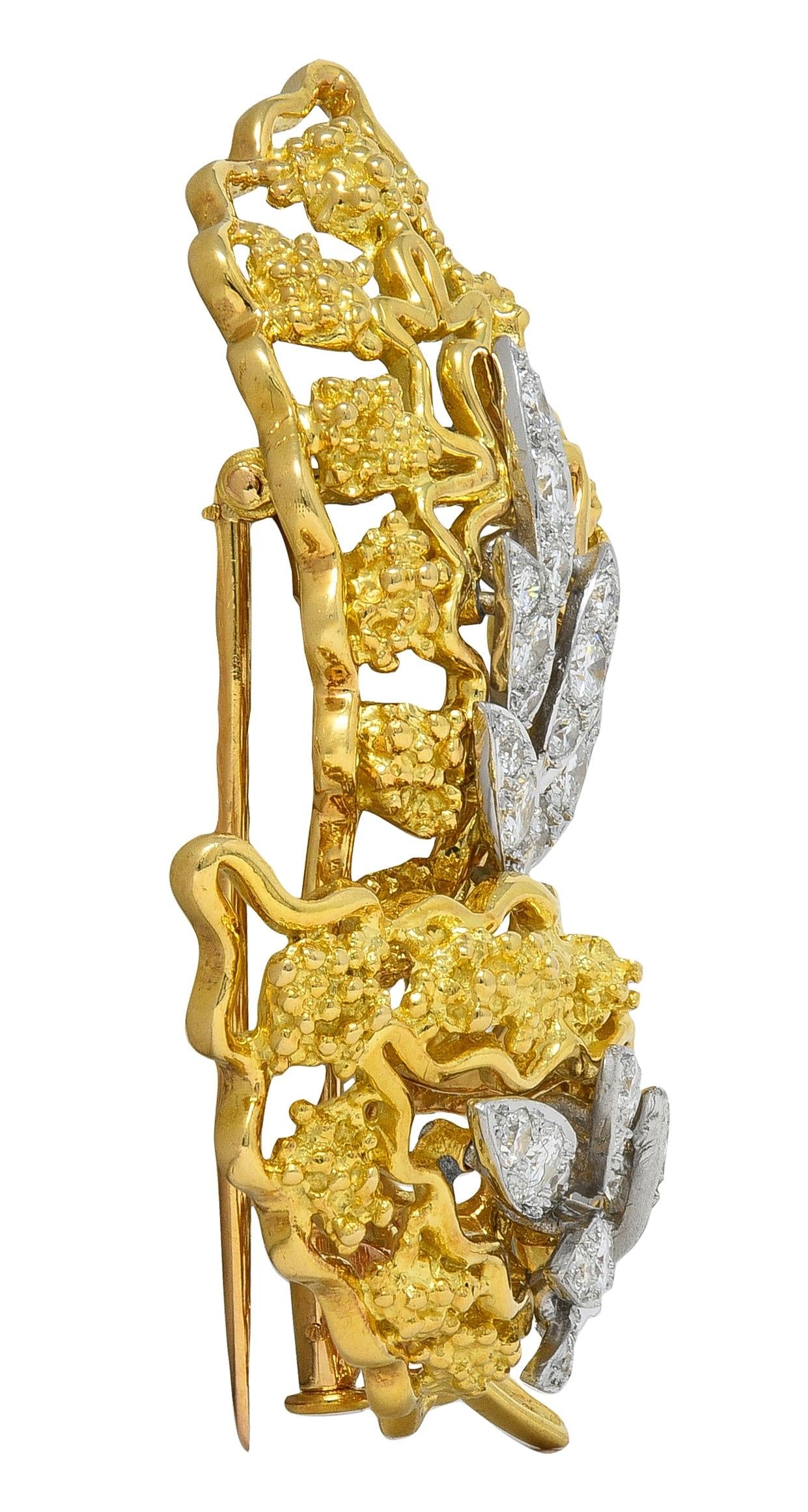 French 1970's Diamond Platinum 18 Karat Yellow Gold Vintage Leaf Floral Brooch