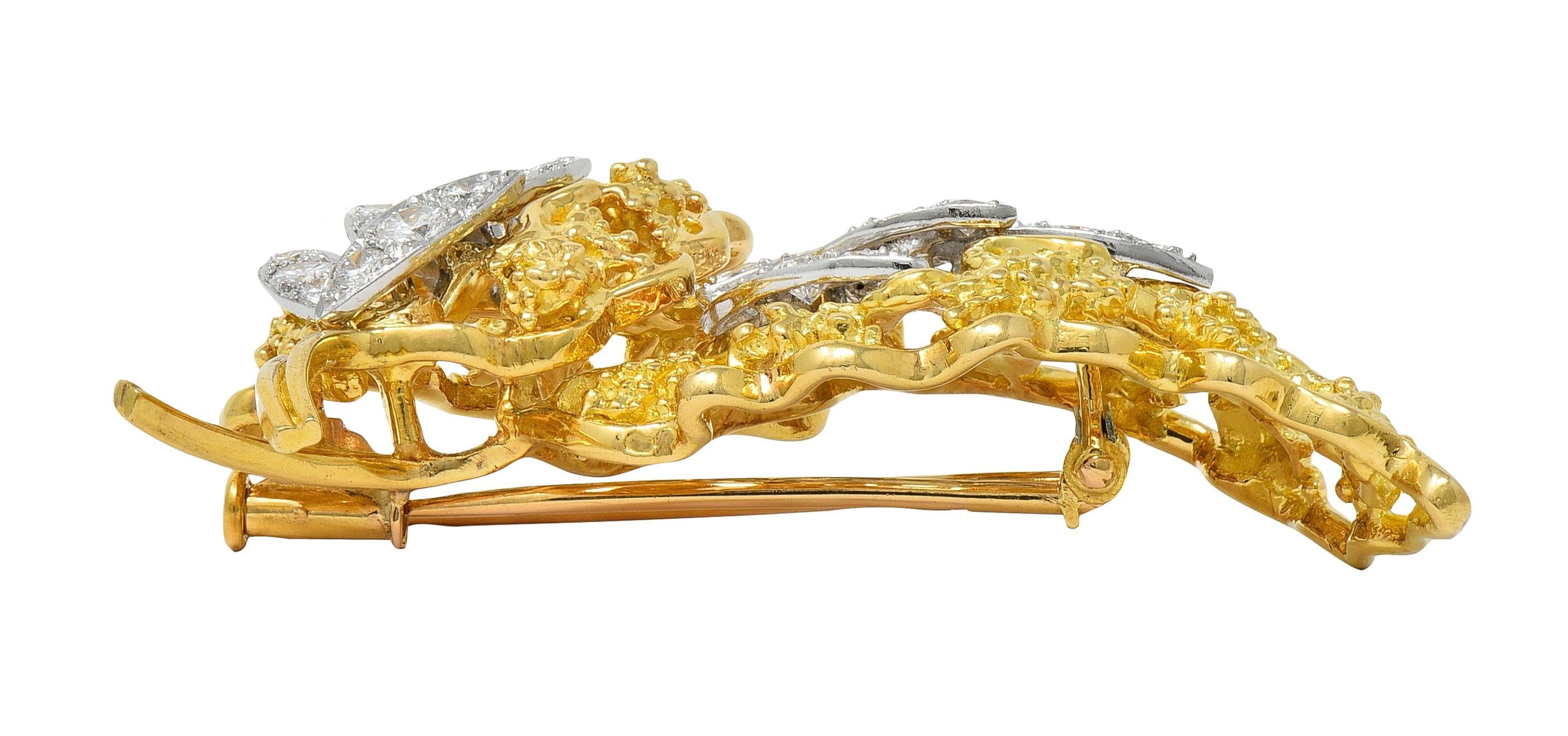 French 1970's Diamond Platinum 18 Karat Yellow Gold Vintage Leaf Floral Brooch