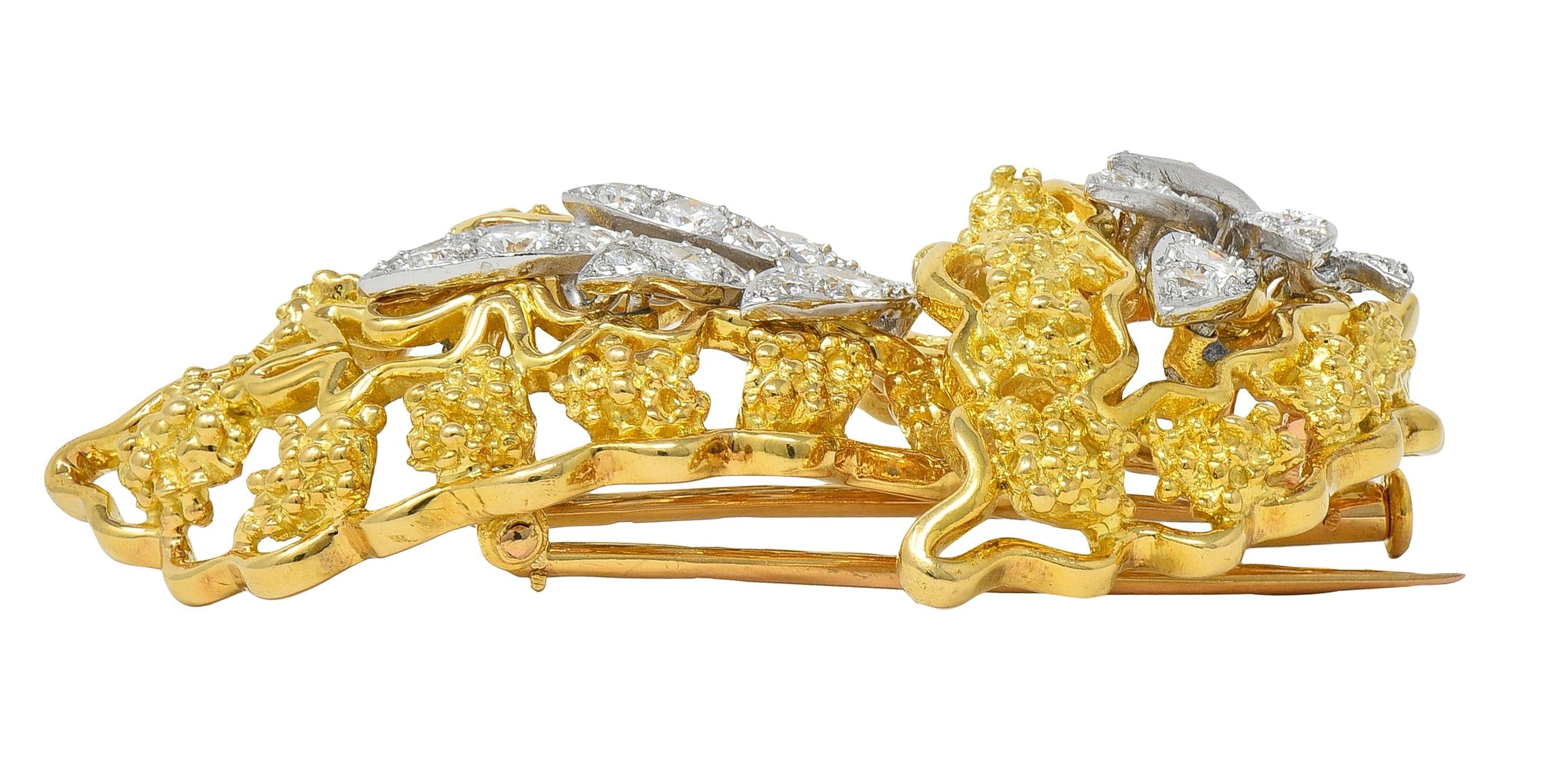 French 1970's Diamond Platinum 18 Karat Yellow Gold Vintage Leaf Floral Brooch