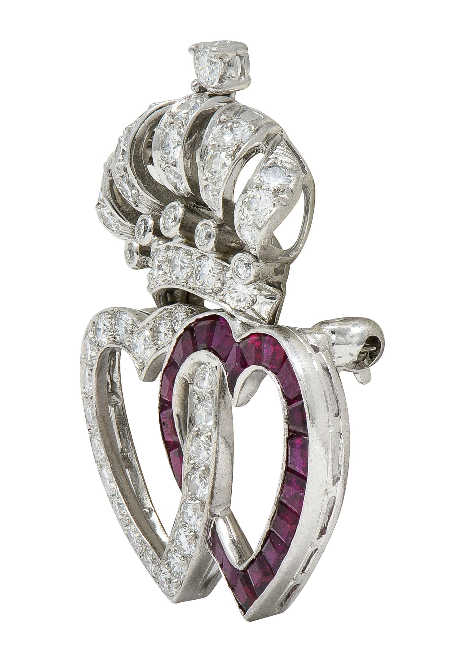 Mid-Century 3.16 CTW Diamond Ruby Platinum Vintage Heart Crown Brooch