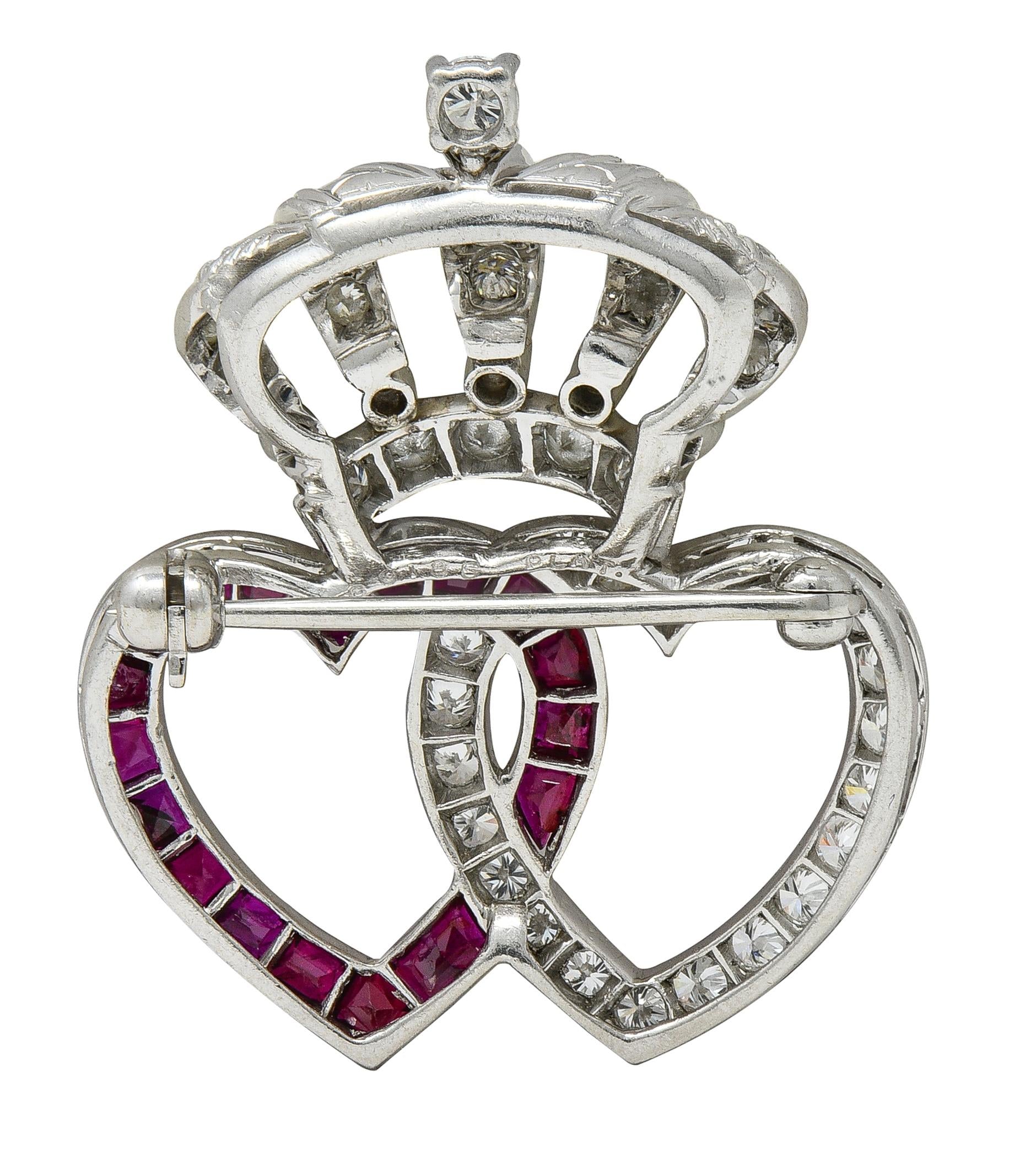 Mid-Century 3.16 CTW Diamond Ruby Platinum Vintage Heart Crown Brooch