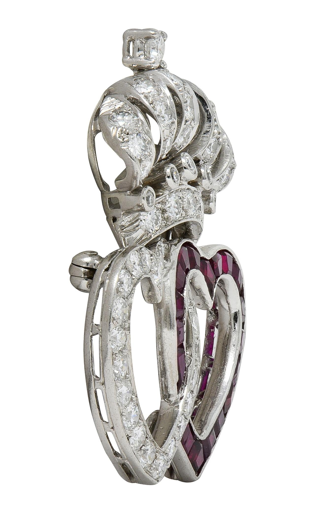Mid-Century 3.16 CTW Diamond Ruby Platinum Vintage Heart Crown Brooch