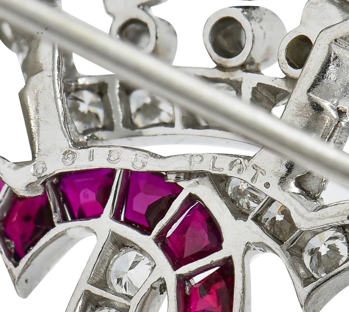 Mid-Century 3.16 CTW Diamond Ruby Platinum Vintage Heart Crown Brooch