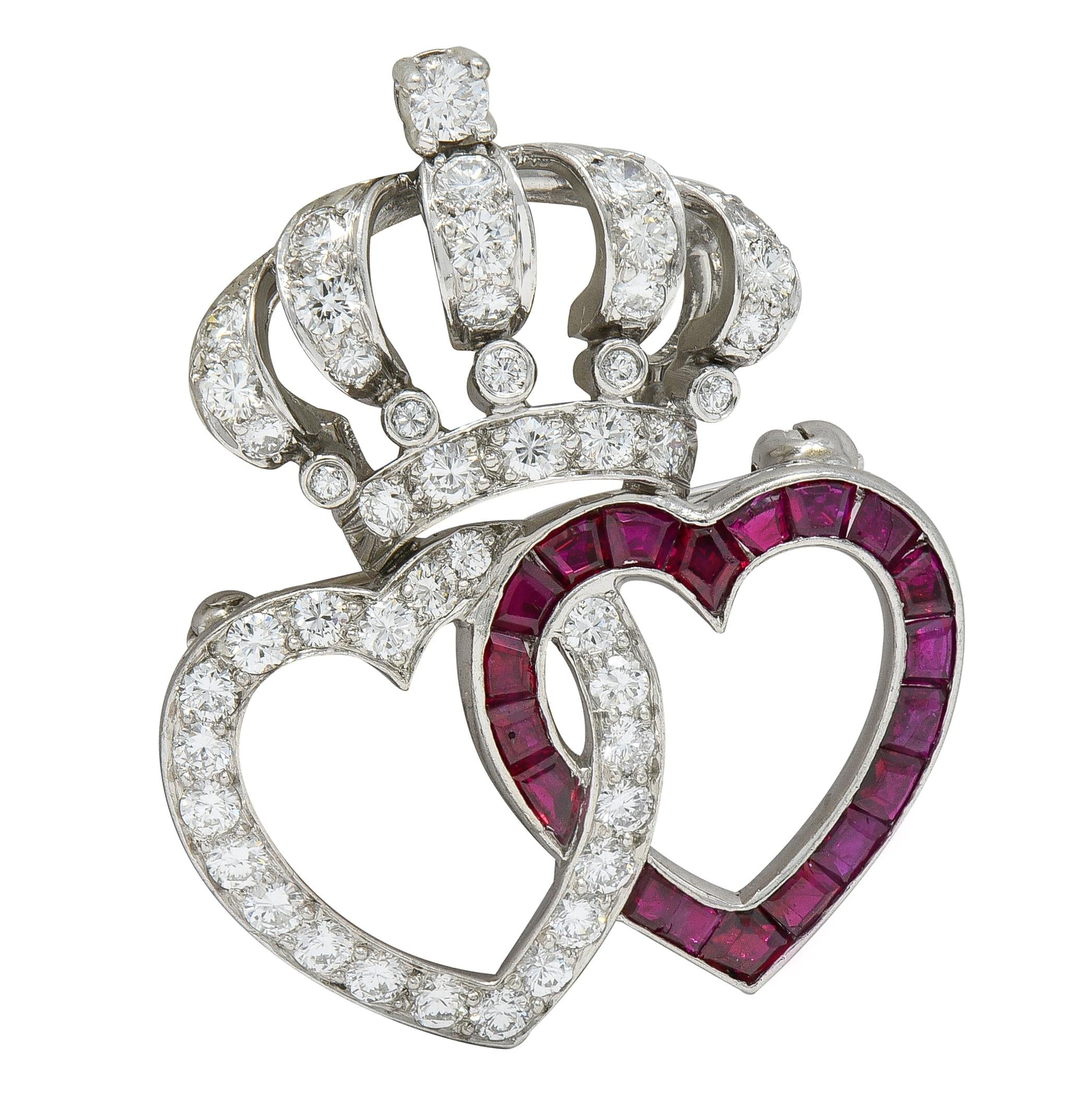 Mid-Century 3.16 CTW Diamond Ruby Platinum Vintage Heart Crown Brooch