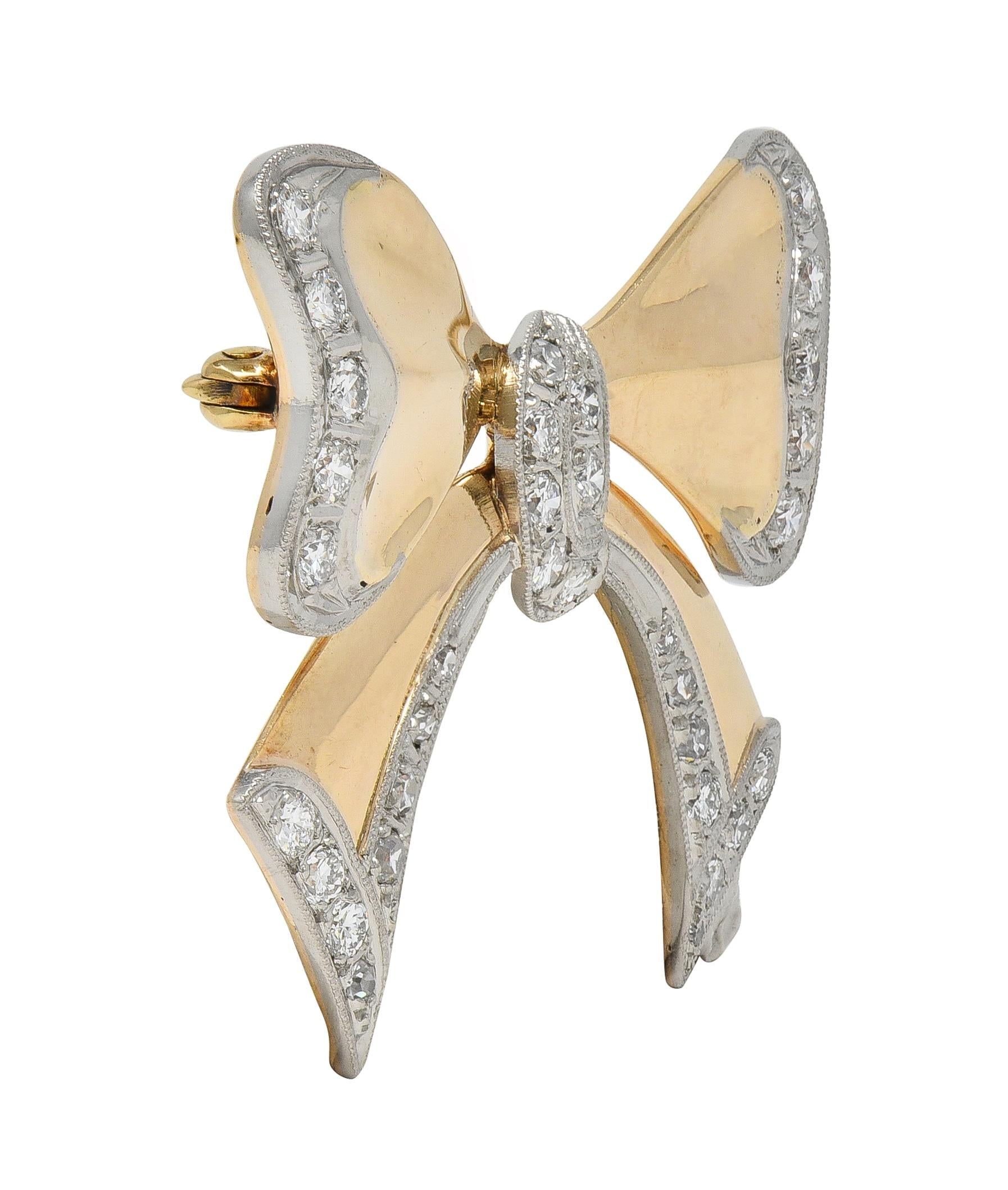 1940's Retro Diamond 14 Karat Two-Tone Yellow White Gold Vintage Bow Brooch