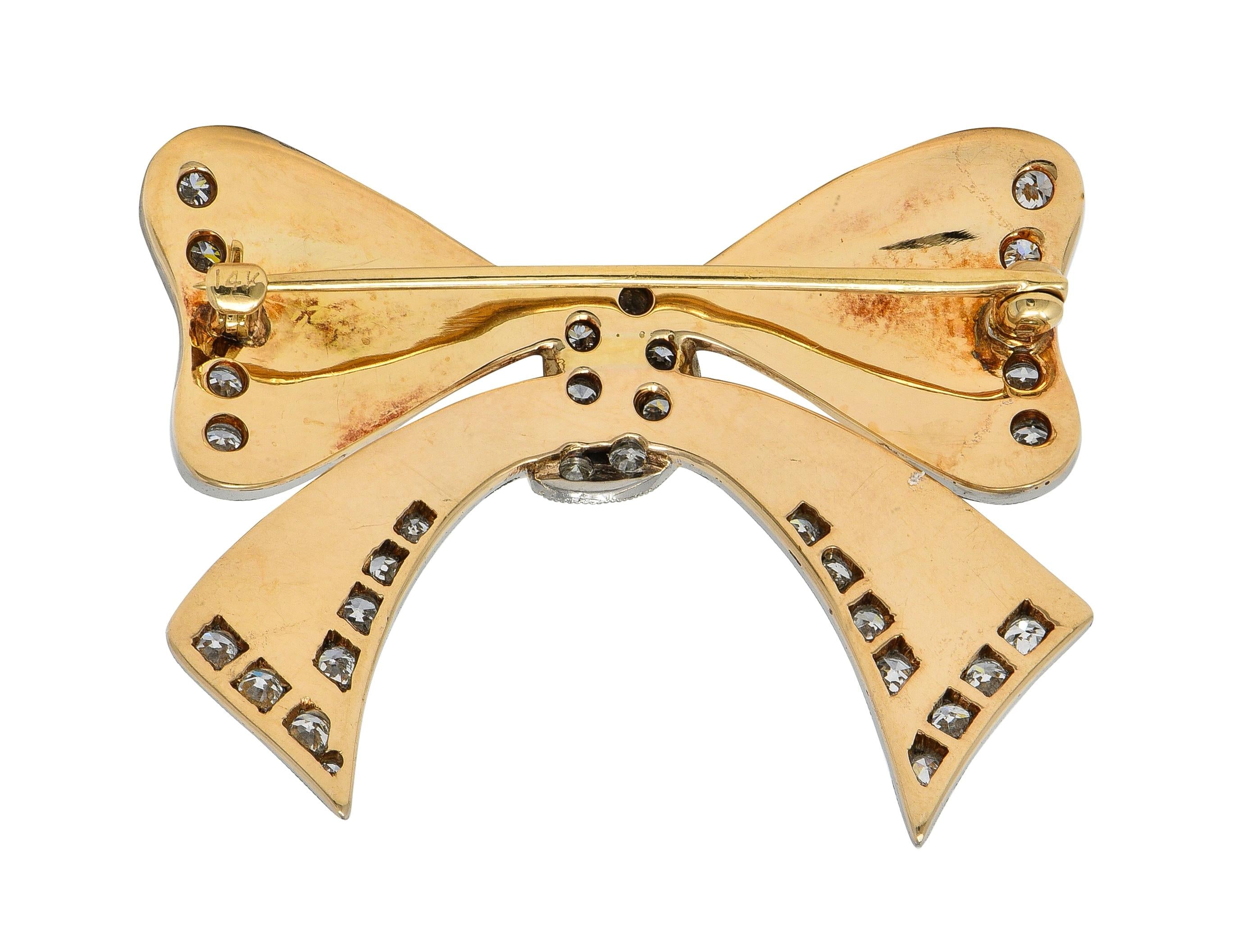 1940's Retro Diamond 14 Karat Two-Tone Yellow White Gold Vintage Bow Brooch