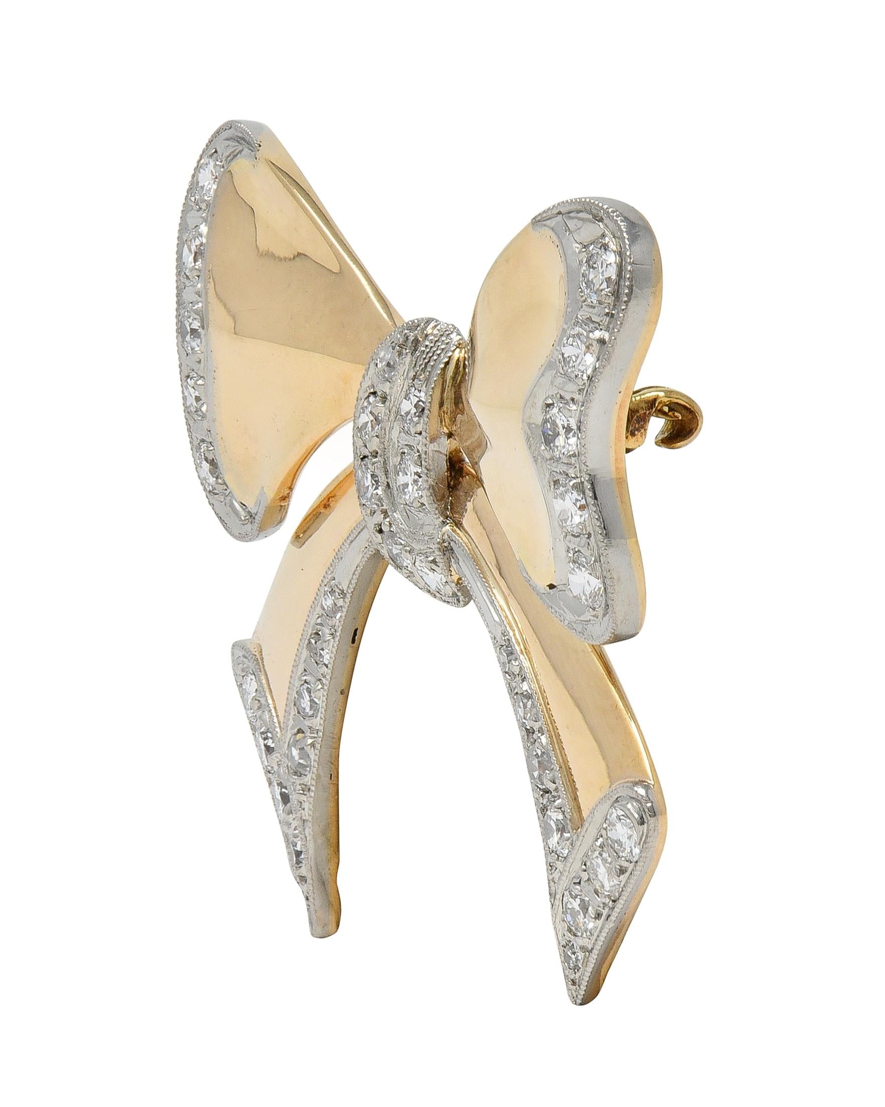 1940's Retro Diamond 14 Karat Two-Tone Yellow White Gold Vintage Bow Brooch