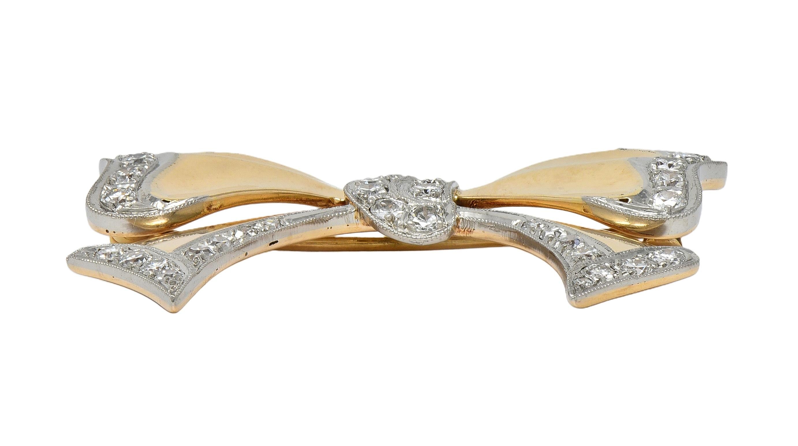 1940's Retro Diamond 14 Karat Two-Tone Yellow White Gold Vintage Bow Brooch