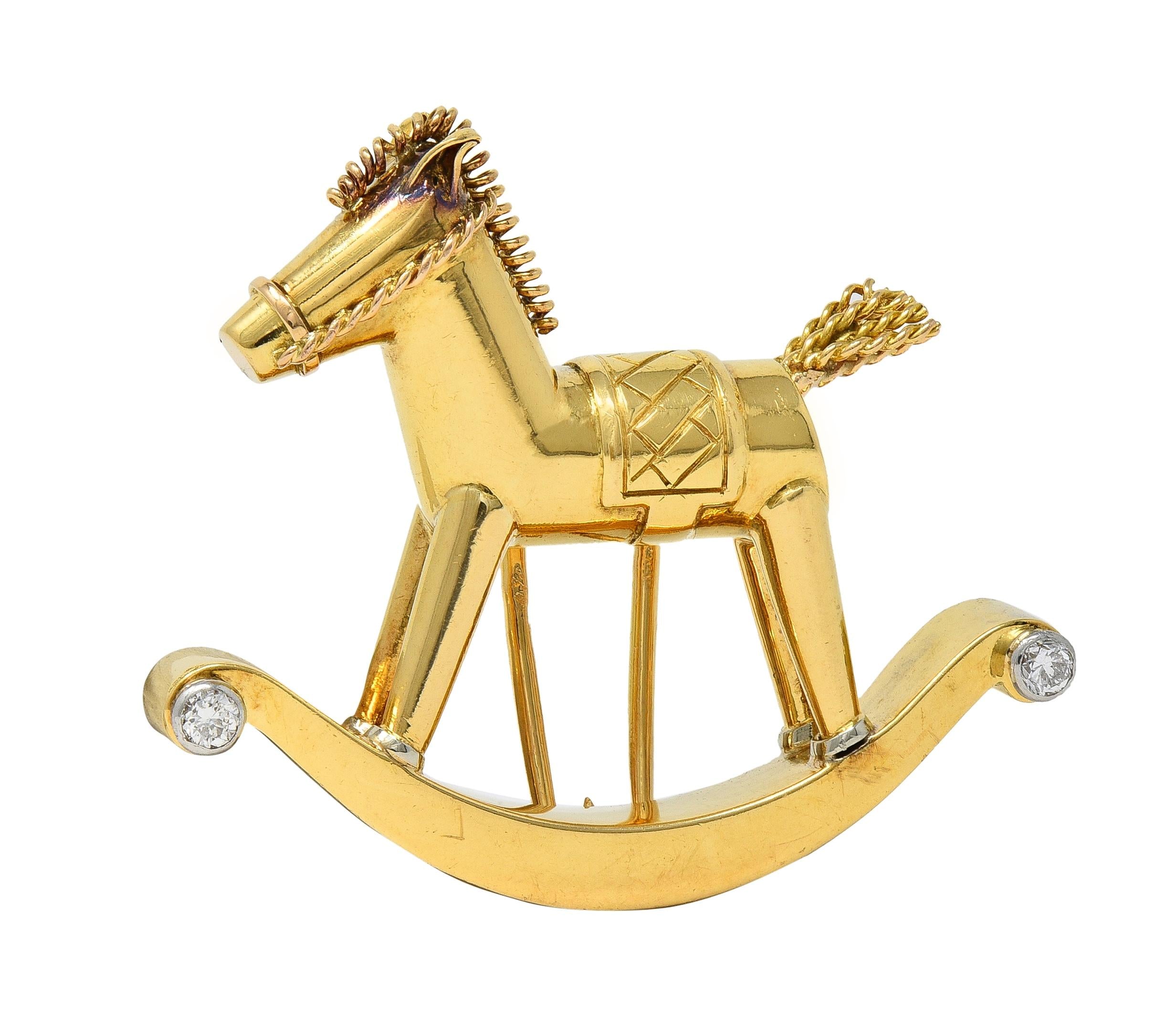 1950's French Diamond Platinum 18 Karat Yellow Gold Vintage Rocking Horse Brooch