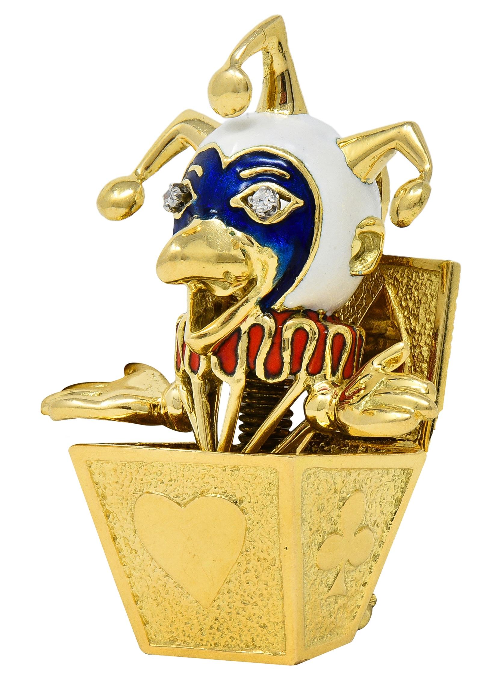 Peter Lindeman 1990's Diamond Enamel 18K Gold Vintage Jack-In-The-Box Brooch