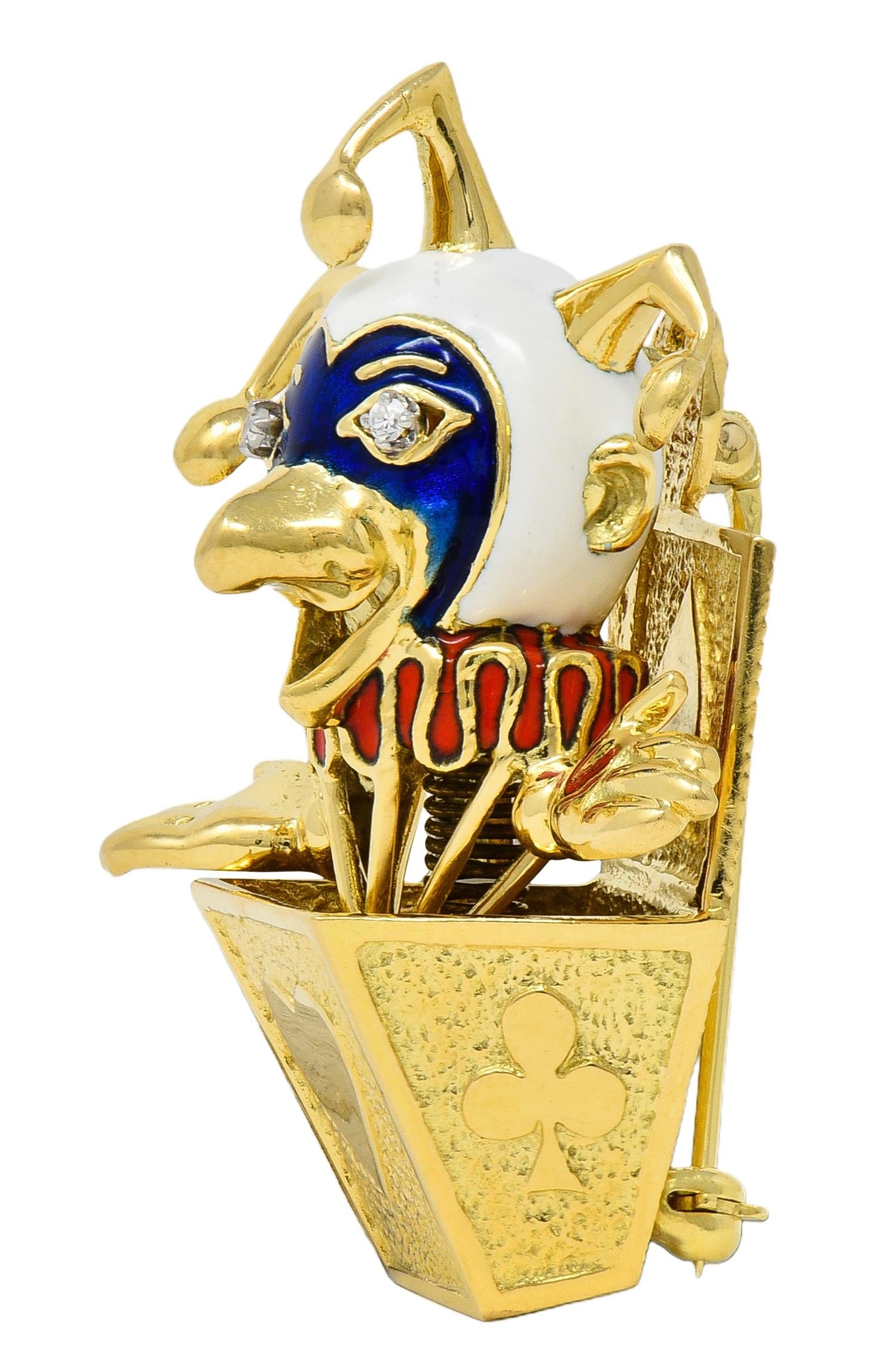 Peter Lindeman 1990's Diamond Enamel 18K Gold Vintage Jack-In-The-Box Brooch