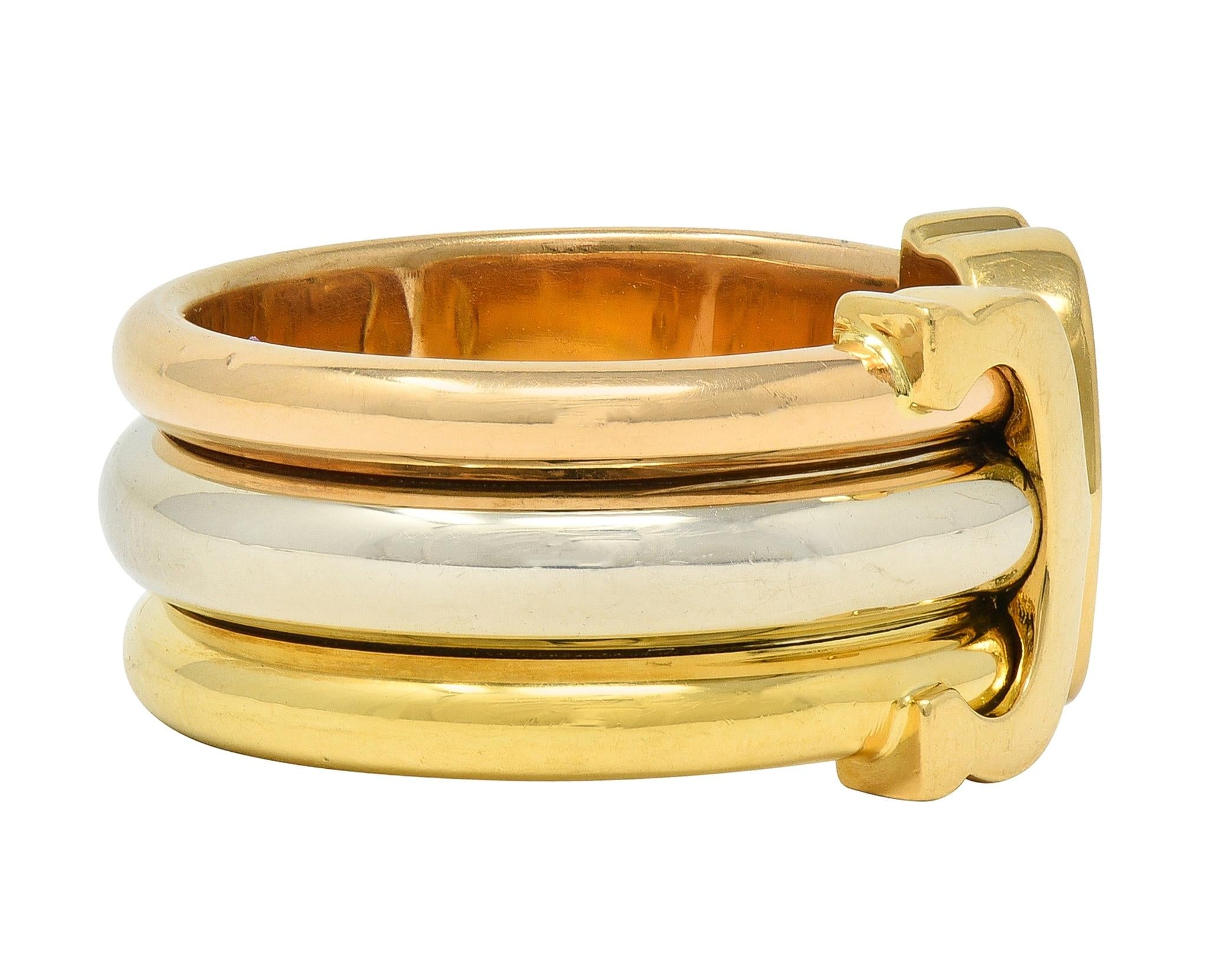 Cartier French 1997 18K Tri-Colored Gold Vintage C de Cartier Cuff Band Ring