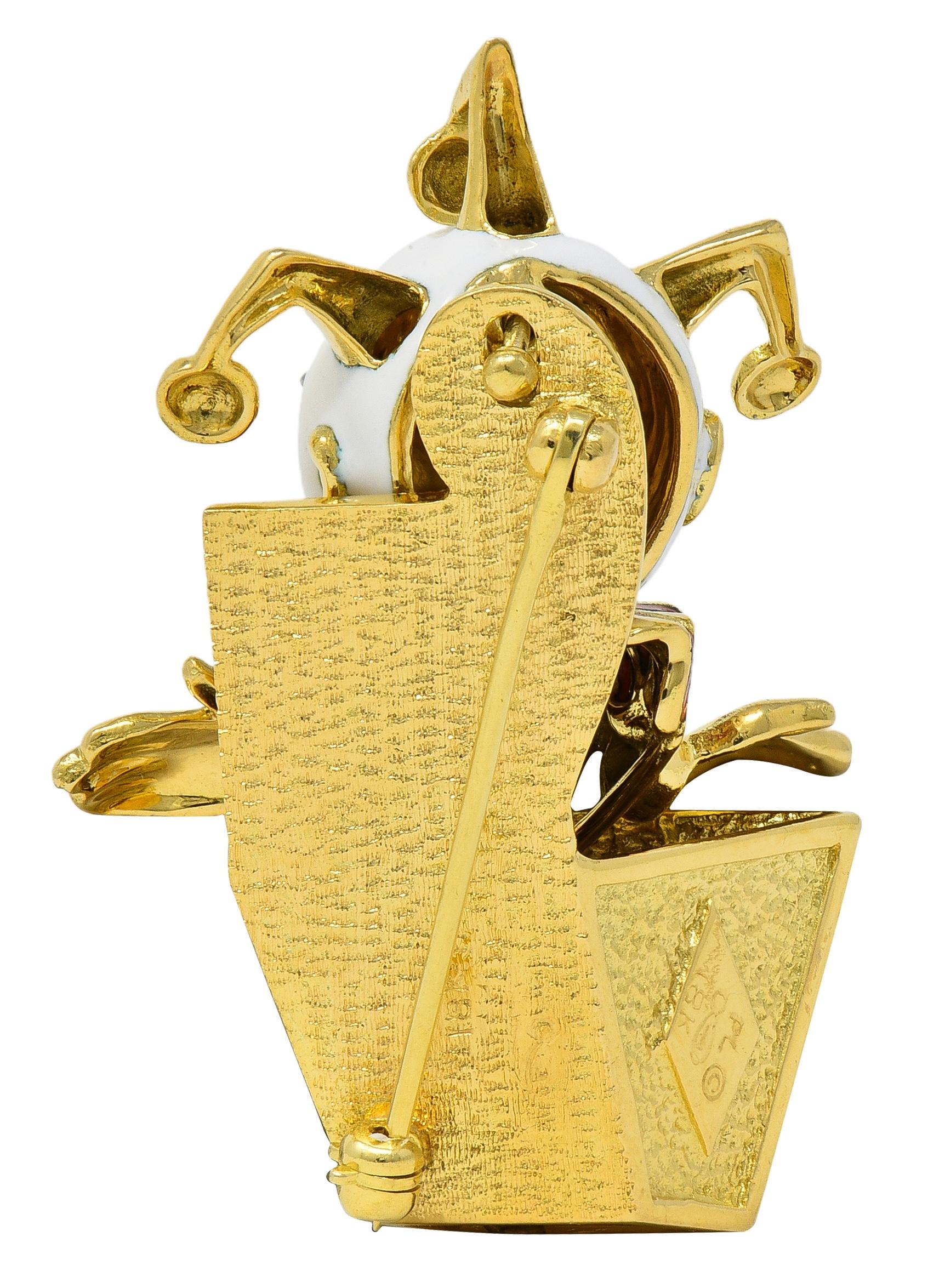 Peter Lindeman 1990's Diamond Enamel 18K Gold Vintage Jack-In-The-Box Brooch