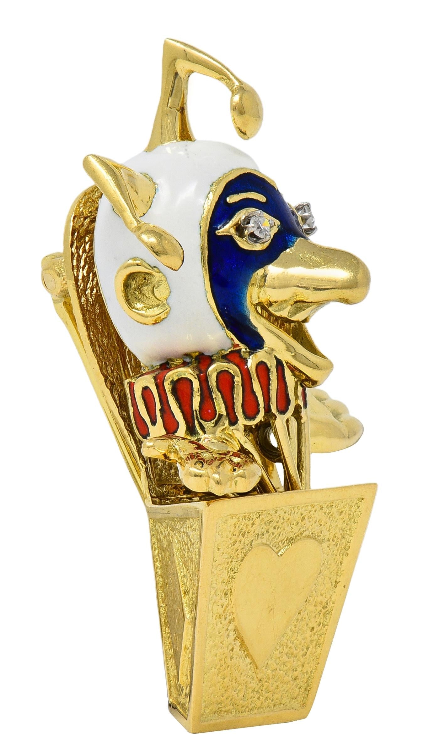 Peter Lindeman 1990's Diamond Enamel 18K Gold Vintage Jack-In-The-Box Brooch