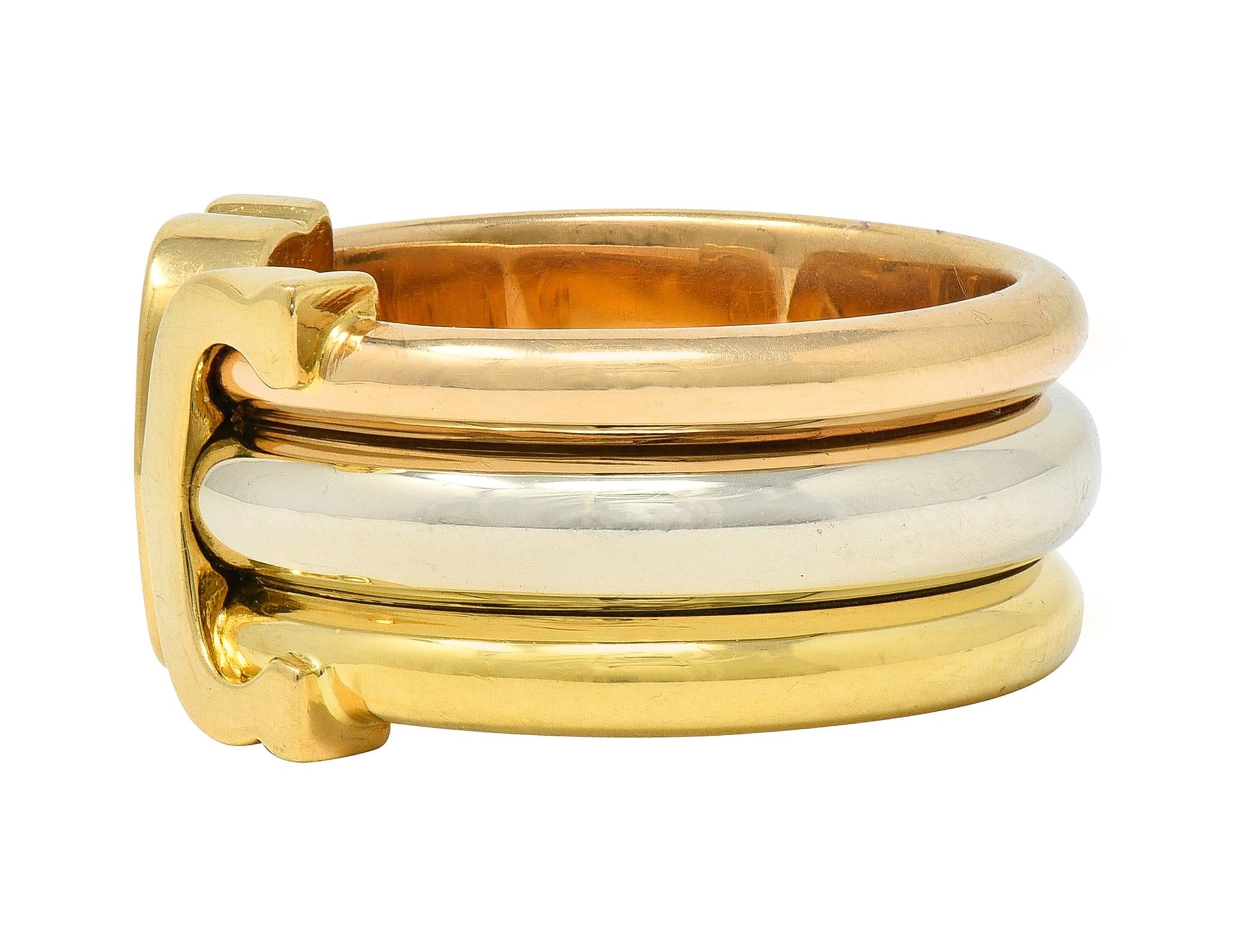 Cartier French 1997 18K Tri-Colored Gold Vintage C de Cartier Cuff Band Ring