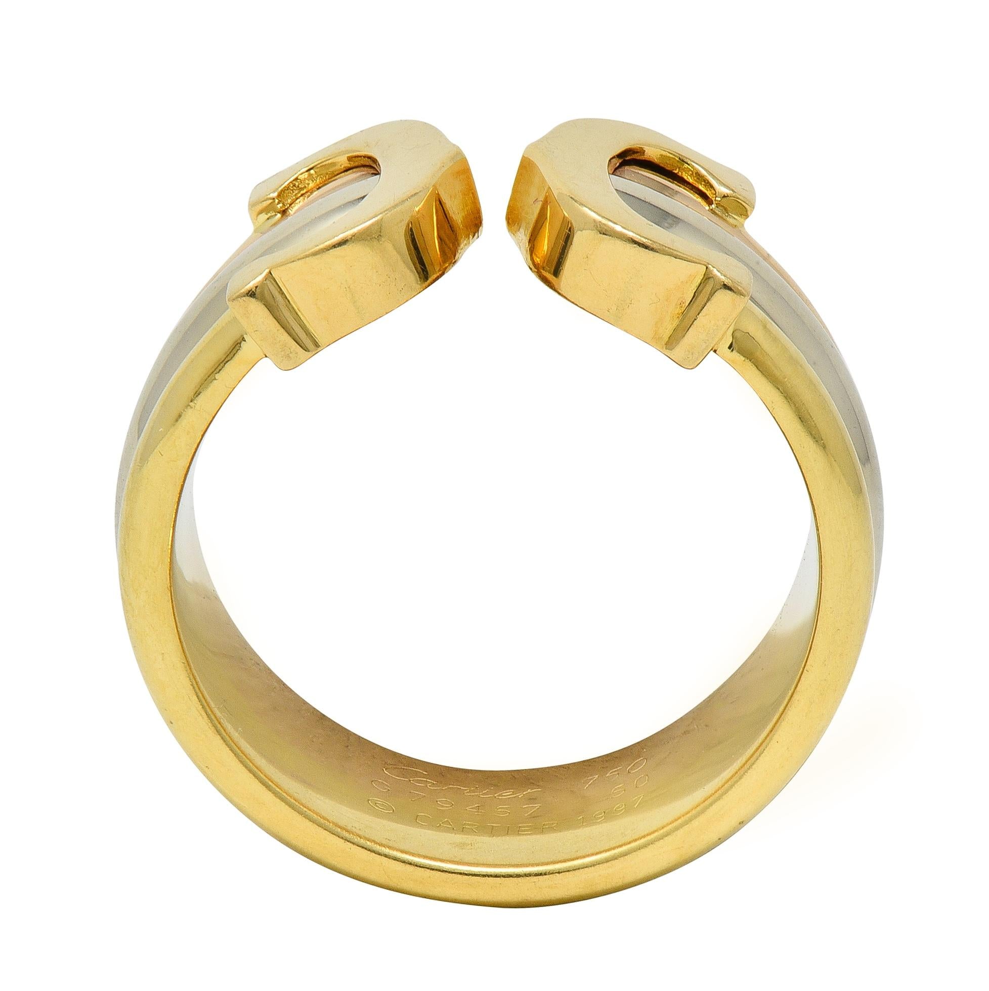 Cartier French 1997 18K Tri-Colored Gold Vintage C de Cartier Cuff Band Ring