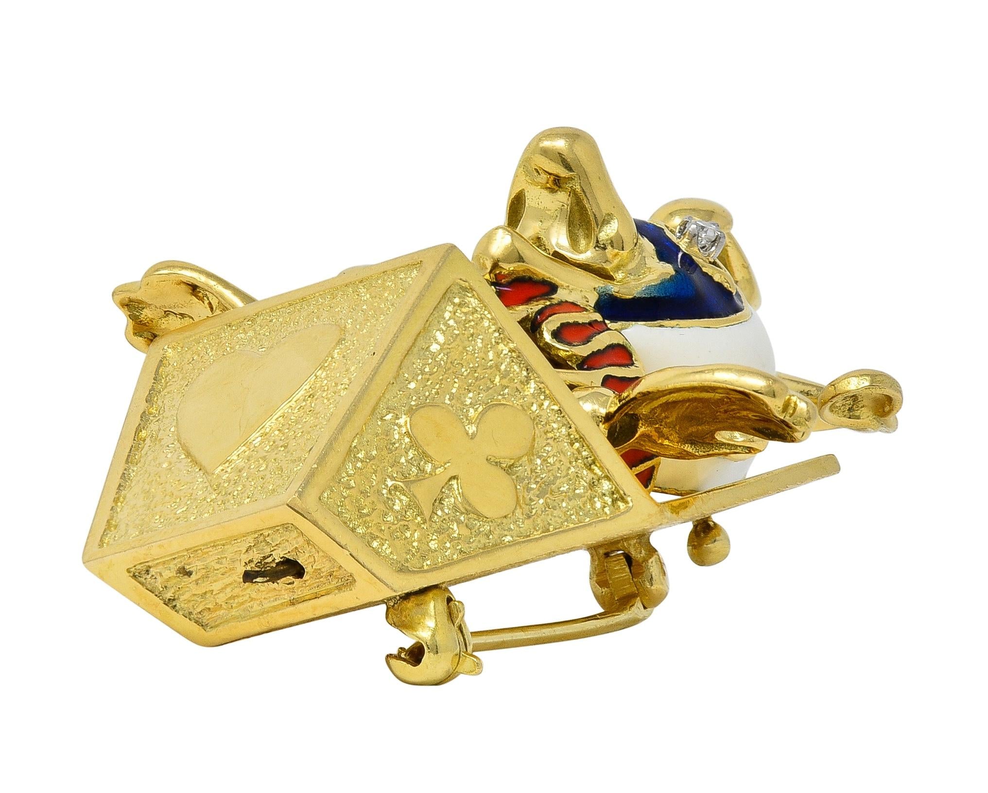 Peter Lindeman 1990's Diamond Enamel 18K Gold Vintage Jack-In-The-Box Brooch