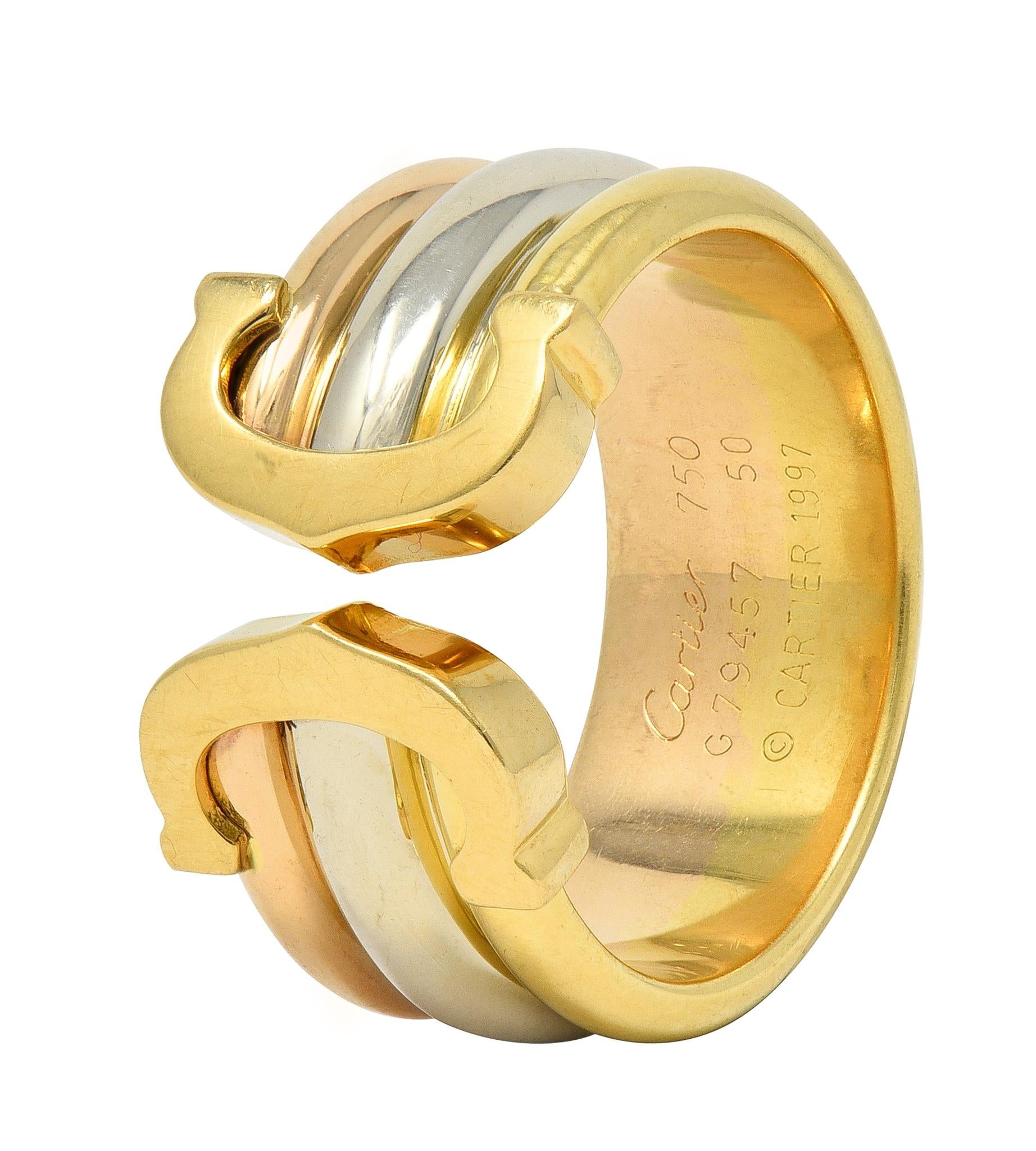 Cartier French 1997 18K Tri-Colored Gold Vintage C de Cartier Cuff Band Ring