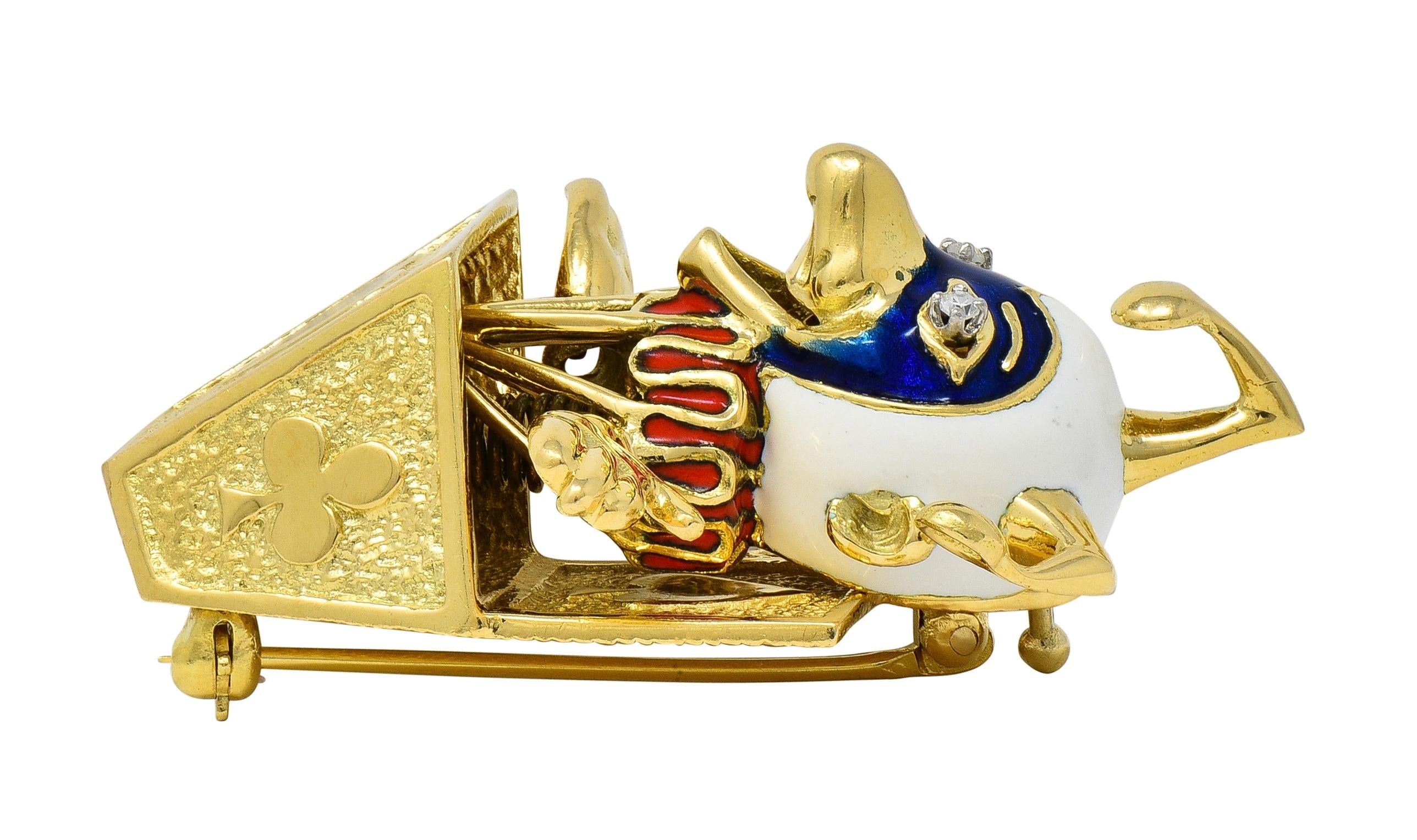 Peter Lindeman 1990's Diamond Enamel 18K Gold Vintage Jack-In-The-Box Brooch