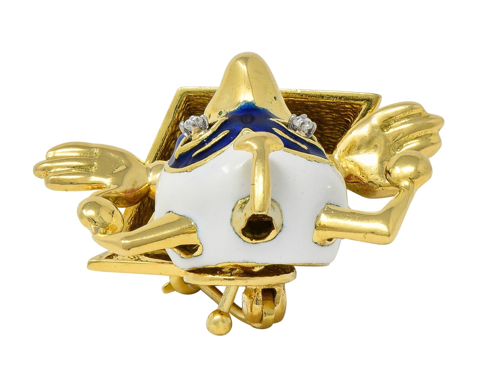 Peter Lindeman 1990's Diamond Enamel 18K Gold Vintage Jack-In-The-Box Brooch