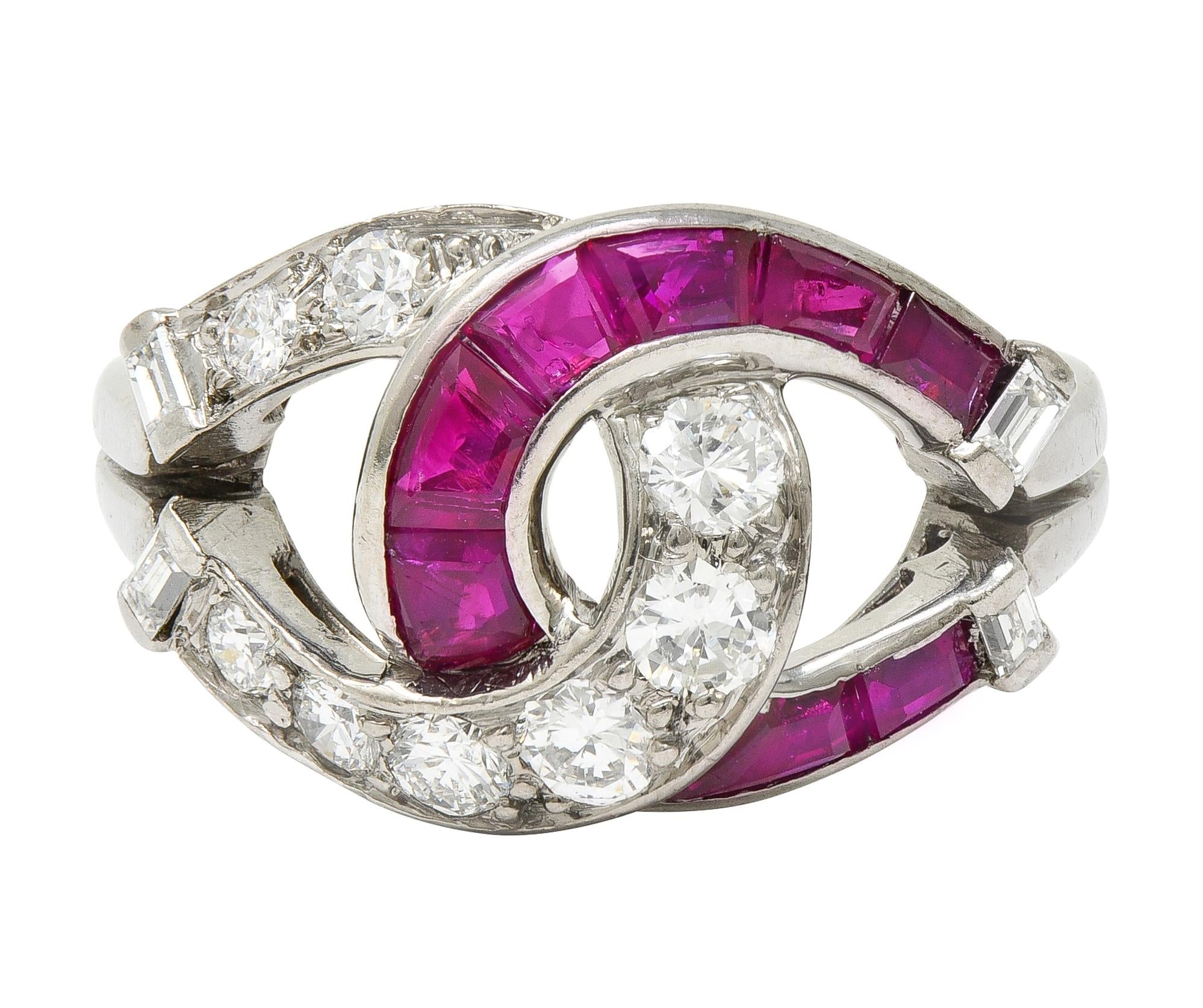 Mid-Century 1.35 CTW Ruby Diamond Platinum Vintage Double Horseshoe Ring