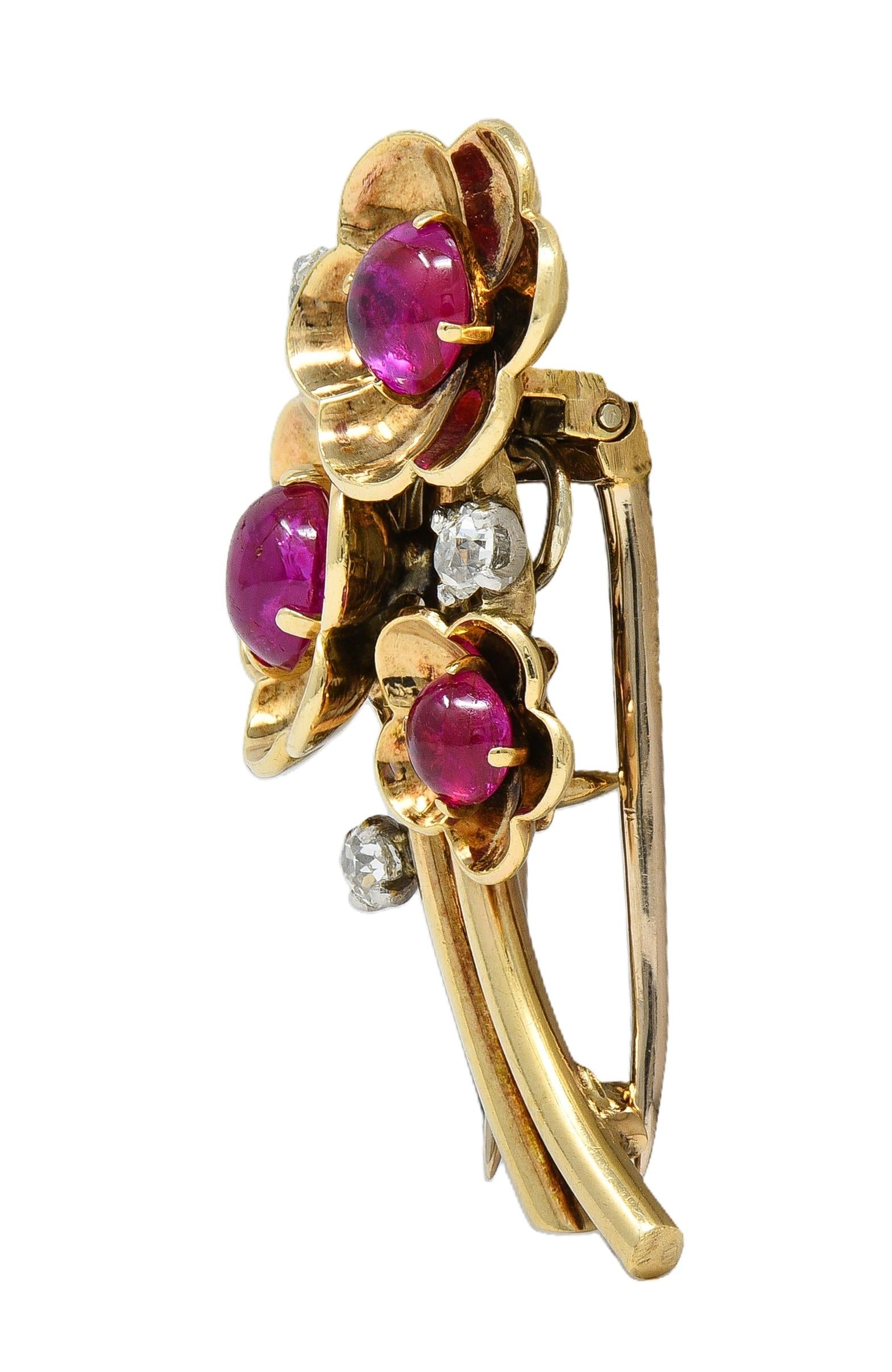 Cartier Retro Cabochon Ruby Diamond Platinum 14 Karat Gold Vintage Flower Brooch