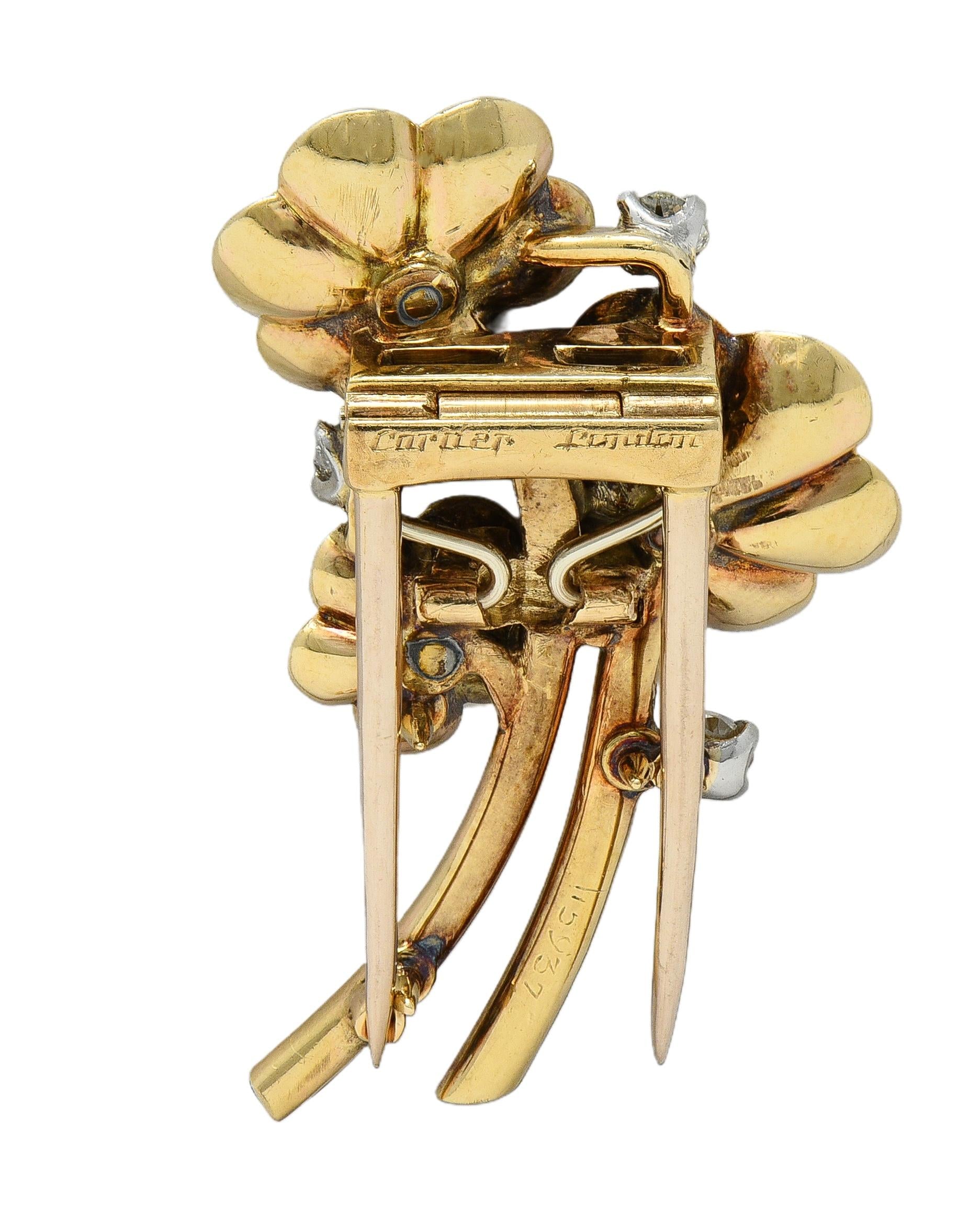 Cartier Retro Cabochon Ruby Diamond Platinum 14 Karat Gold Vintage Flower Brooch