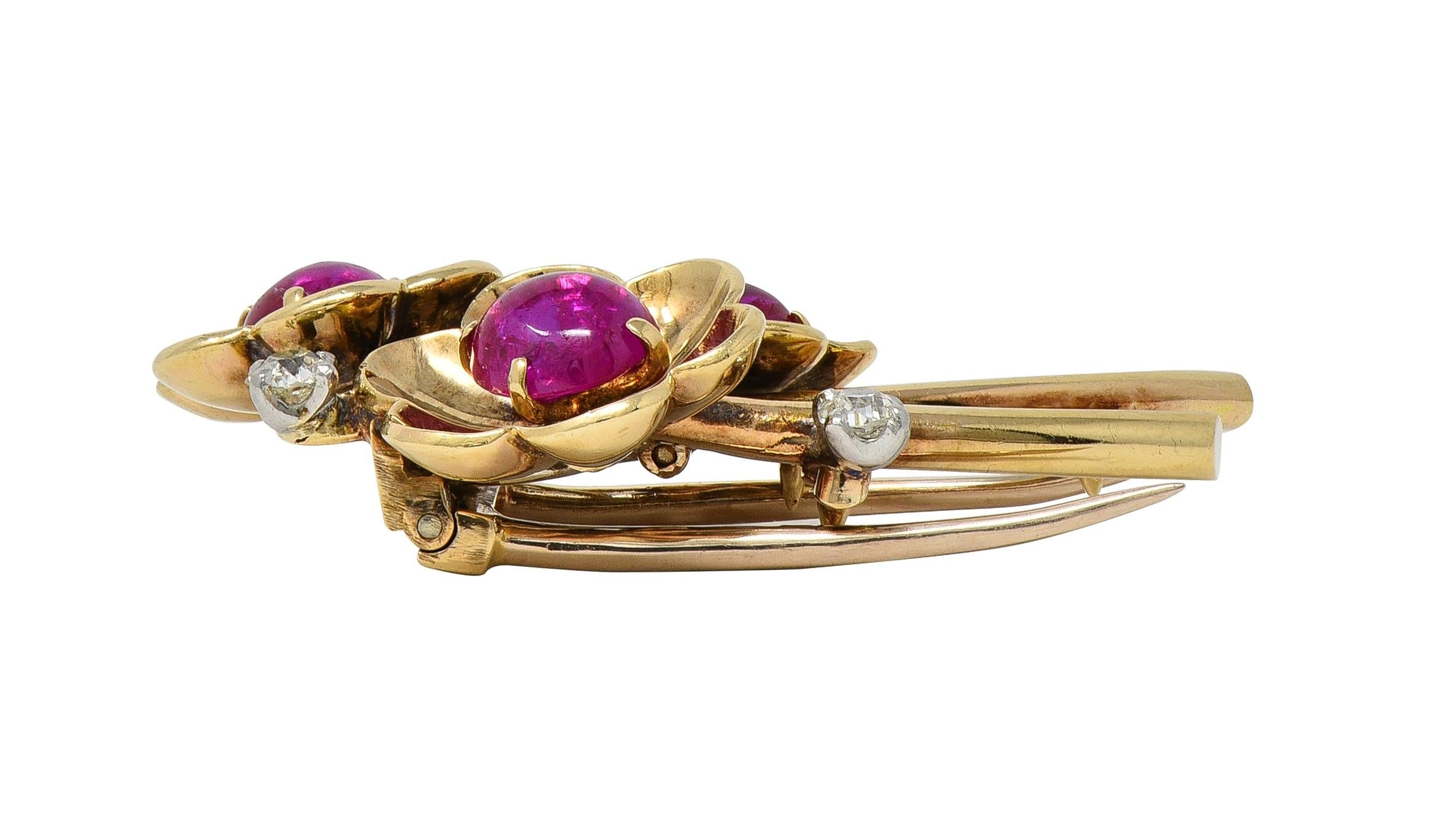 Cartier Retro Cabochon Ruby Diamond Platinum 14 Karat Gold Vintage Flower Brooch