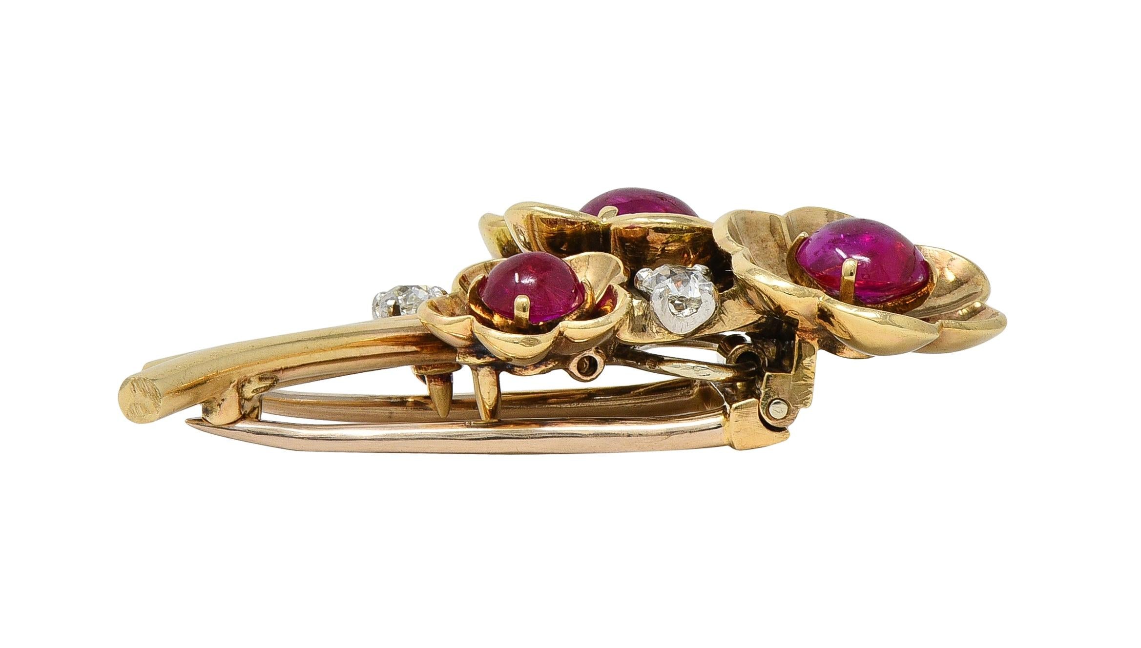 Cartier Retro Cabochon Ruby Diamond Platinum 14 Karat Gold Vintage Flower Brooch