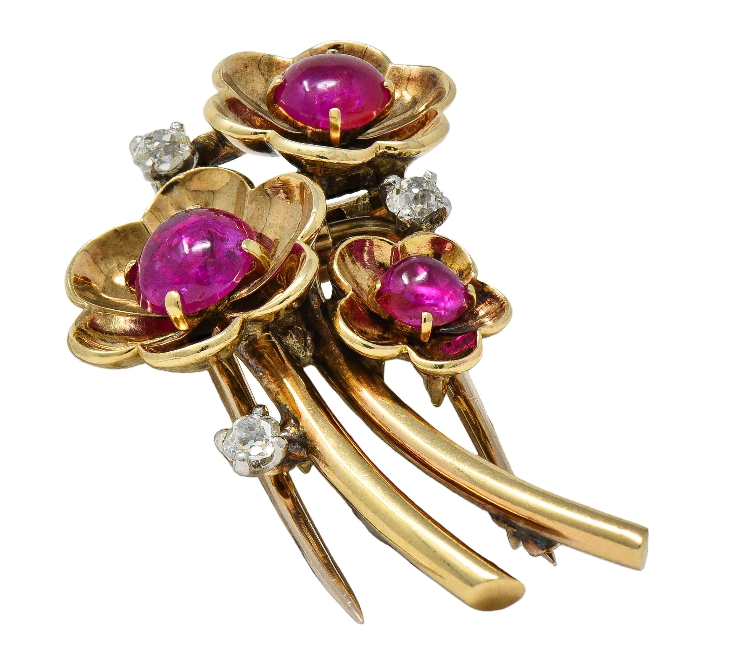 Cartier Retro Cabochon Ruby Diamond Platinum 14 Karat Gold Vintage Flower Brooch