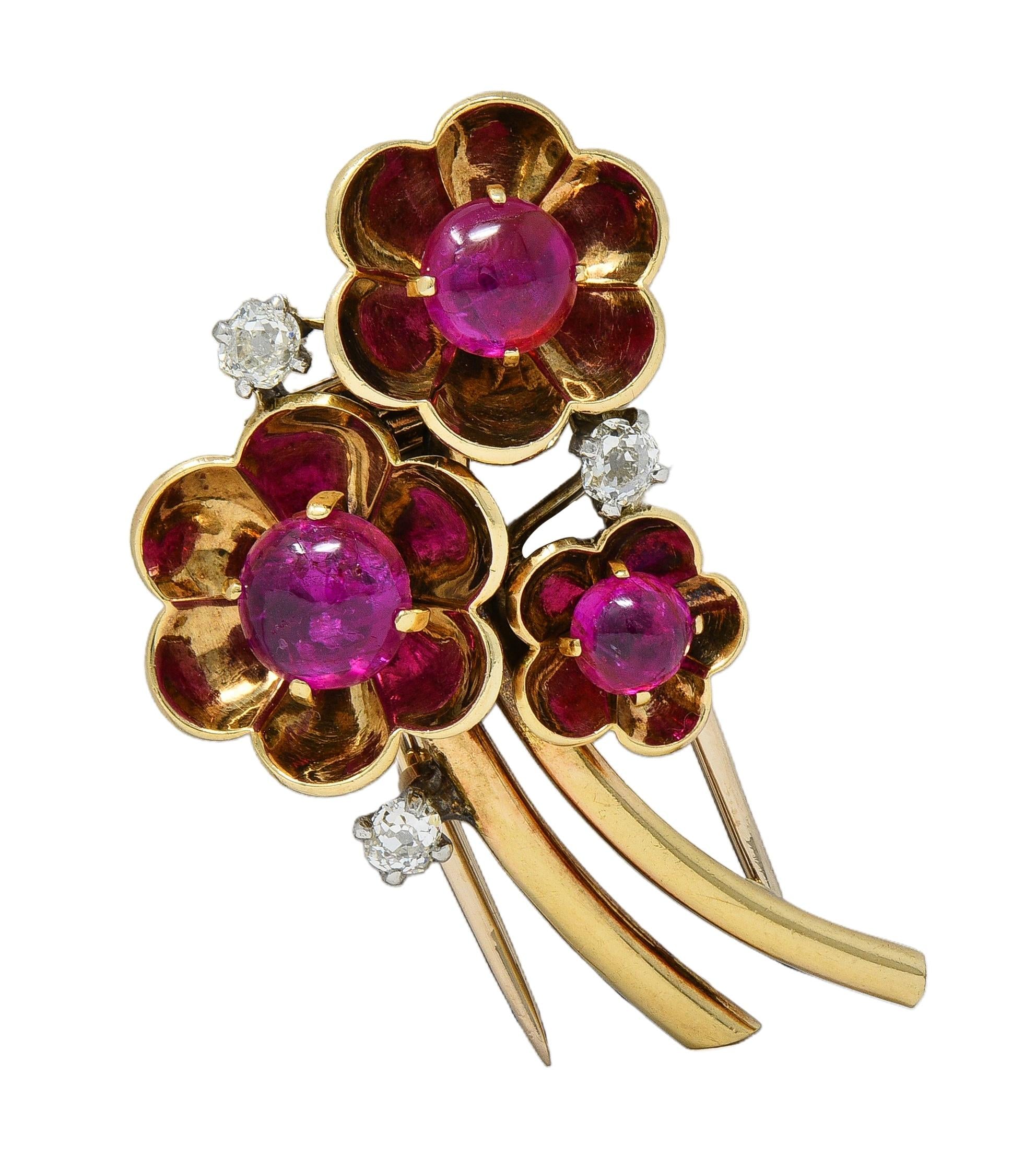 Cartier Retro Cabochon Ruby Diamond Platinum 14 Karat Gold Vintage Flower Brooch