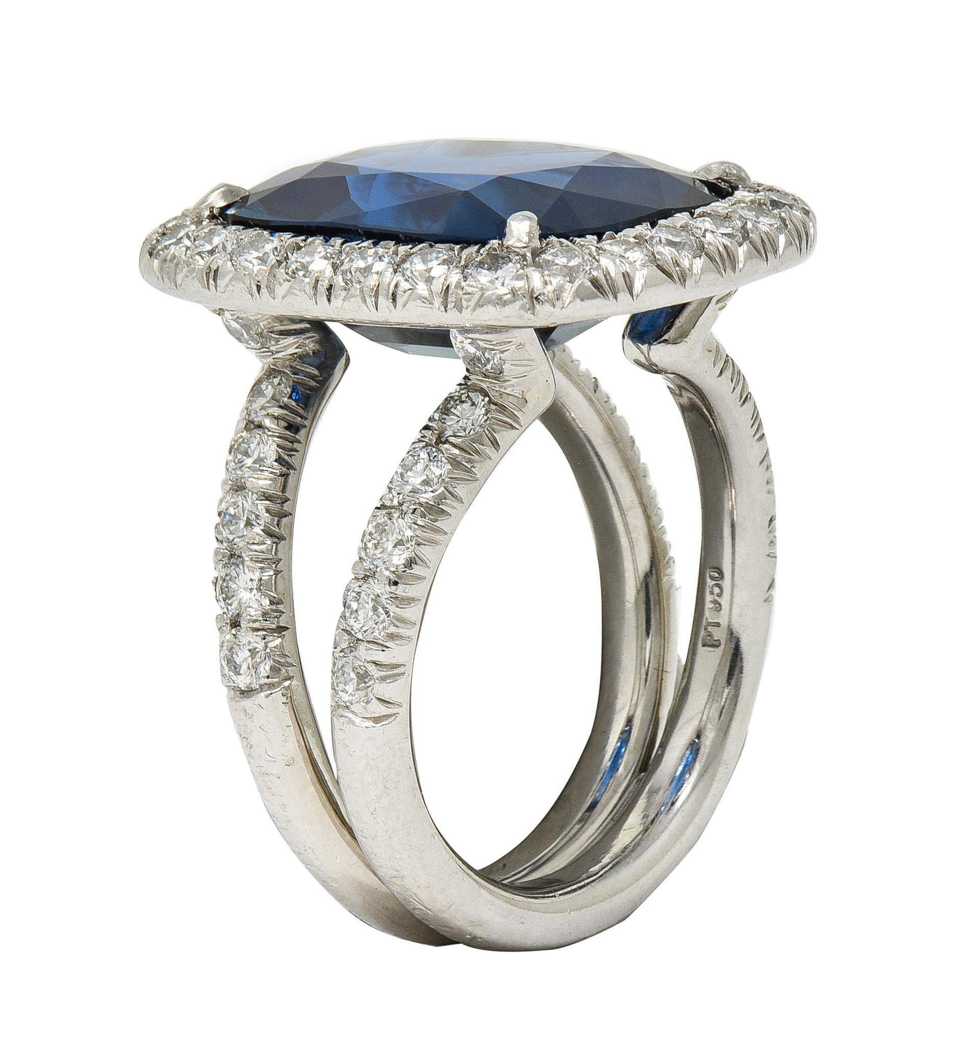 Contemporary 11.50 CTW No Heat Sapphire Diamond Platinum Halo Ring AGL
