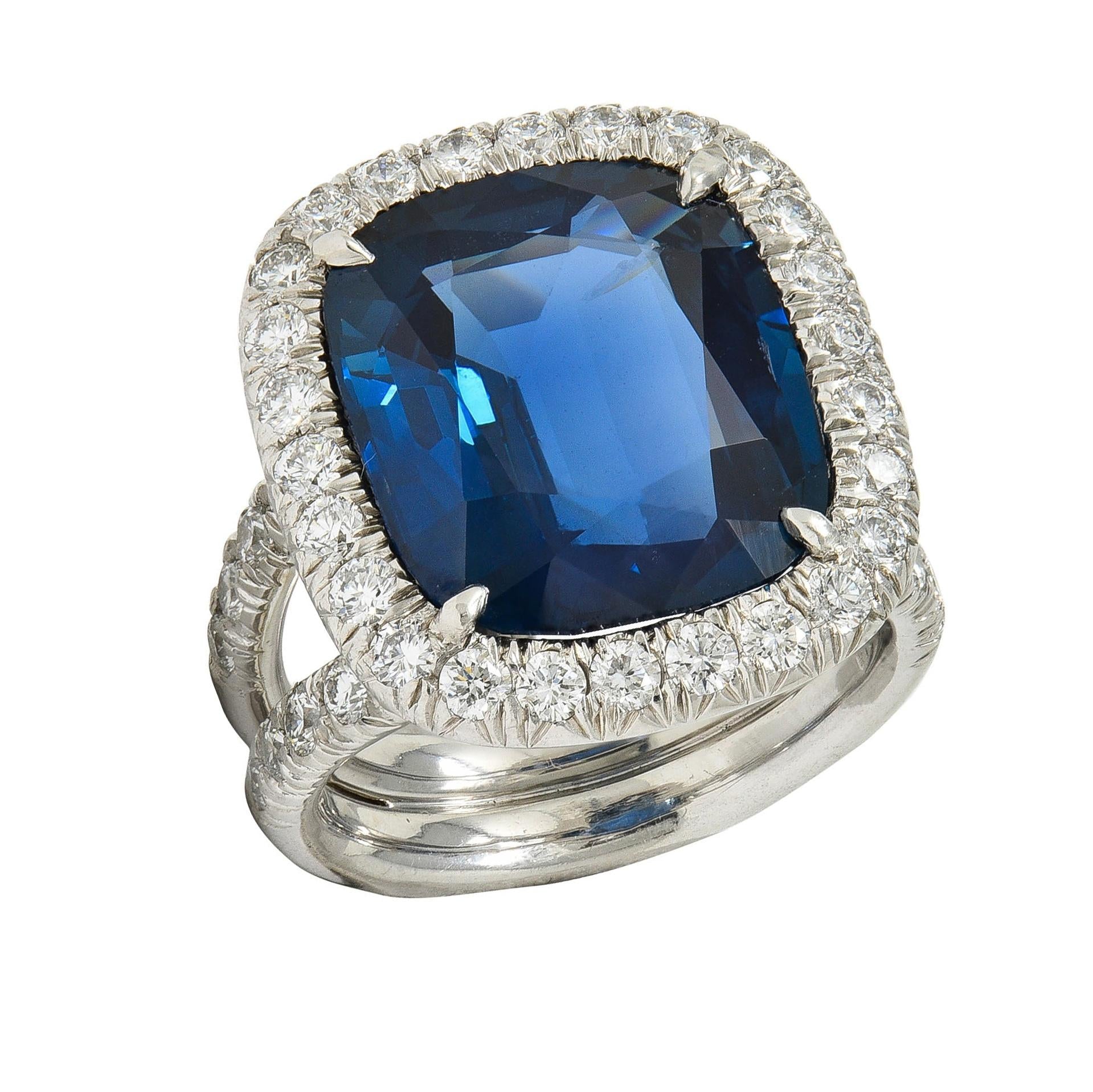 Contemporary 11.50 CTW No Heat Sapphire Diamond Platinum Halo Ring AGL