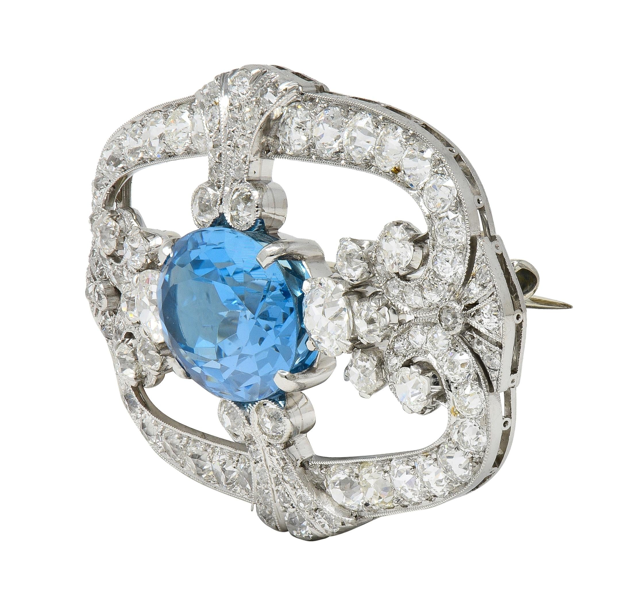 Late Art Deco 11.23 CTW Aquamarine Diamond Platinum Vintage Scrolling Brooch