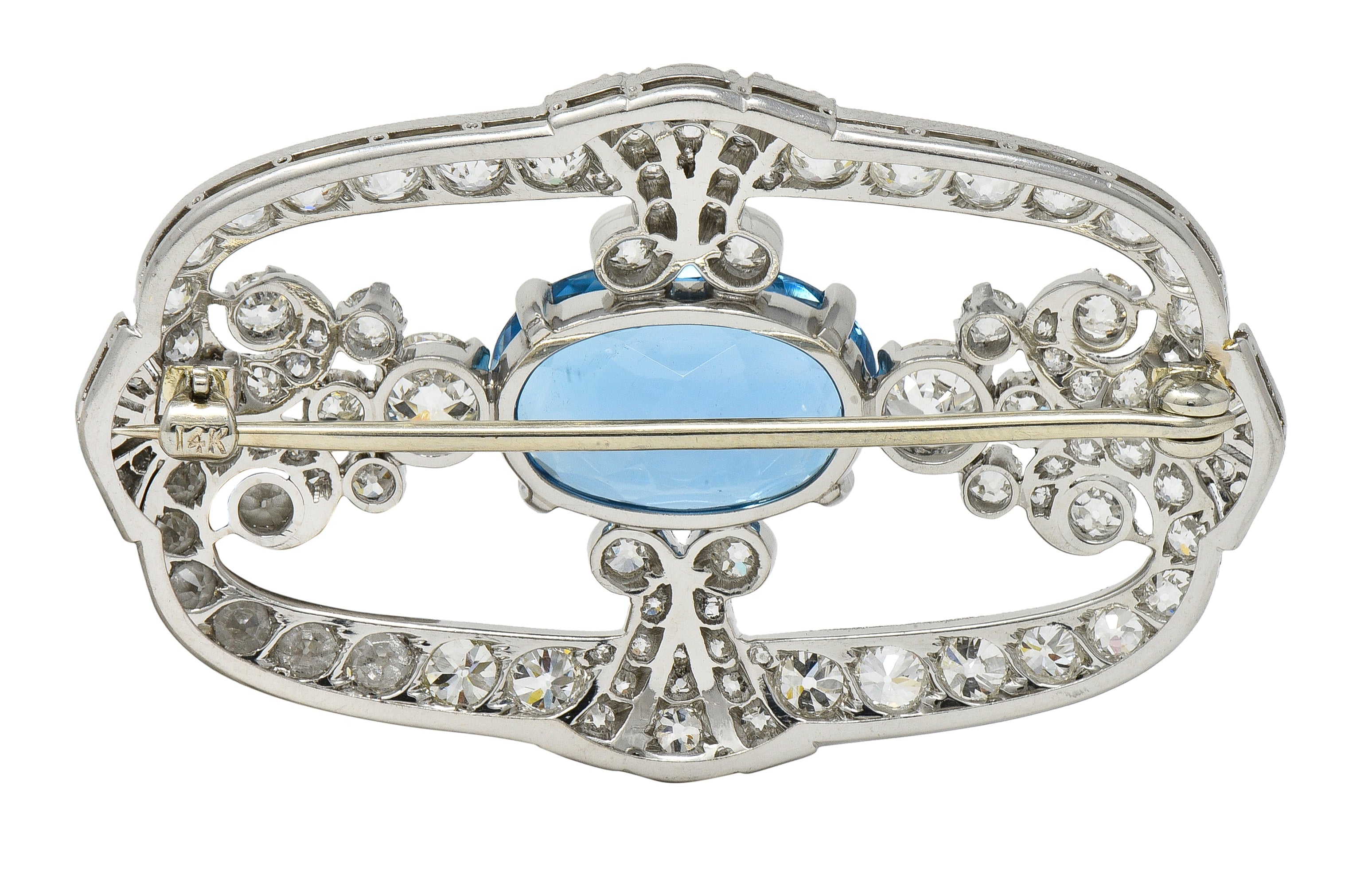Late Art Deco 11.23 CTW Aquamarine Diamond Platinum Vintage Scrolling Brooch