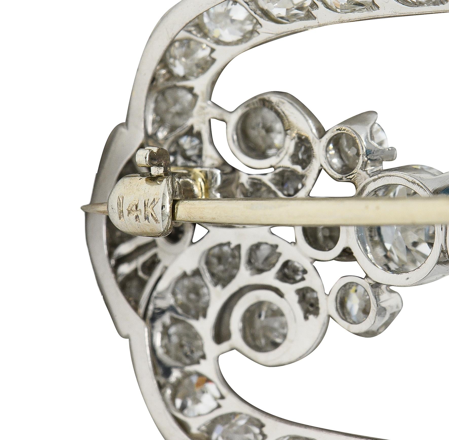 Late Art Deco 11.23 CTW Aquamarine Diamond Platinum Vintage Scrolling Brooch