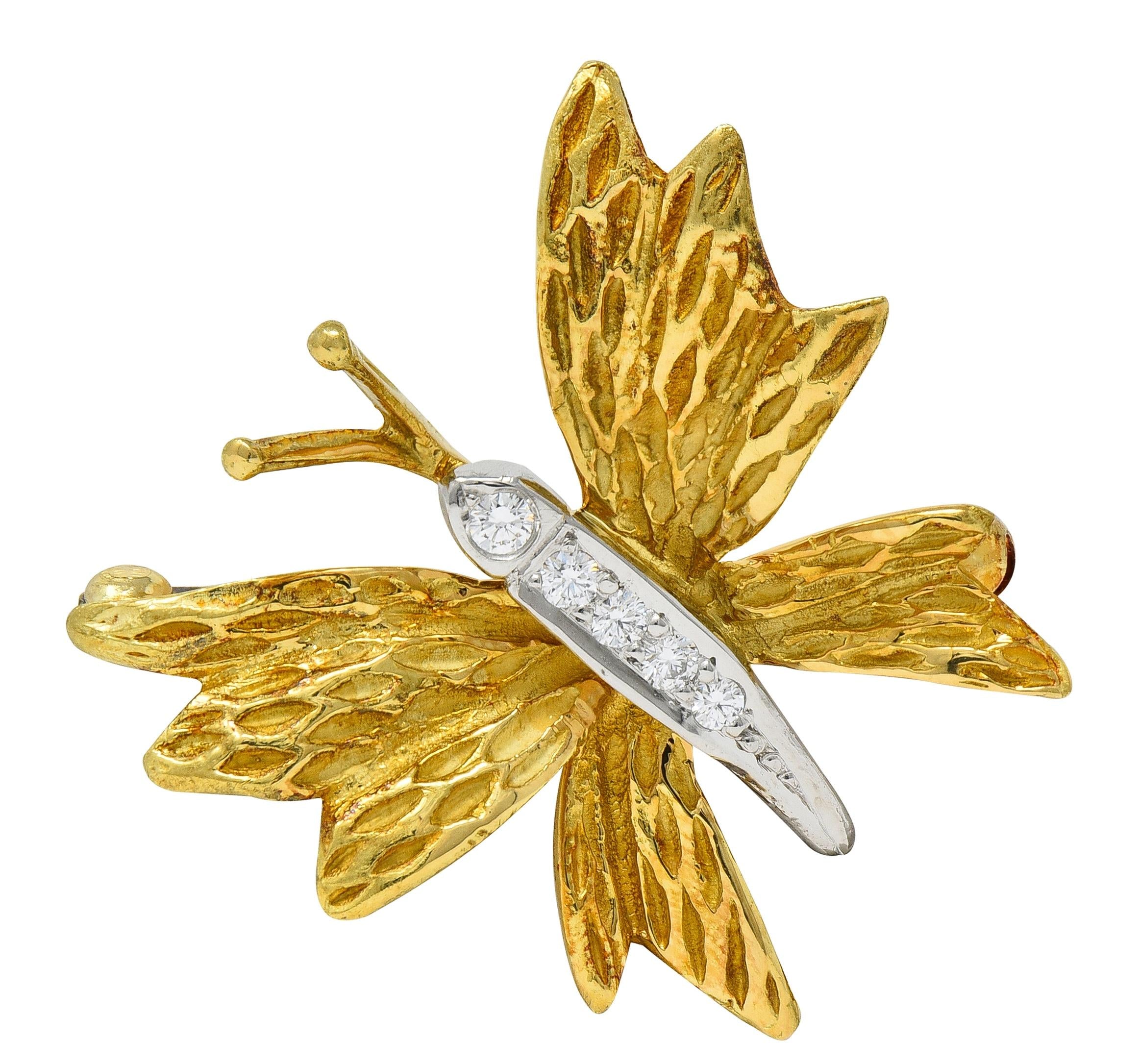 Tiffany & Co. 1990's Diamond Platinum 18K Yellow Gold Vintage Butterfly Brooch