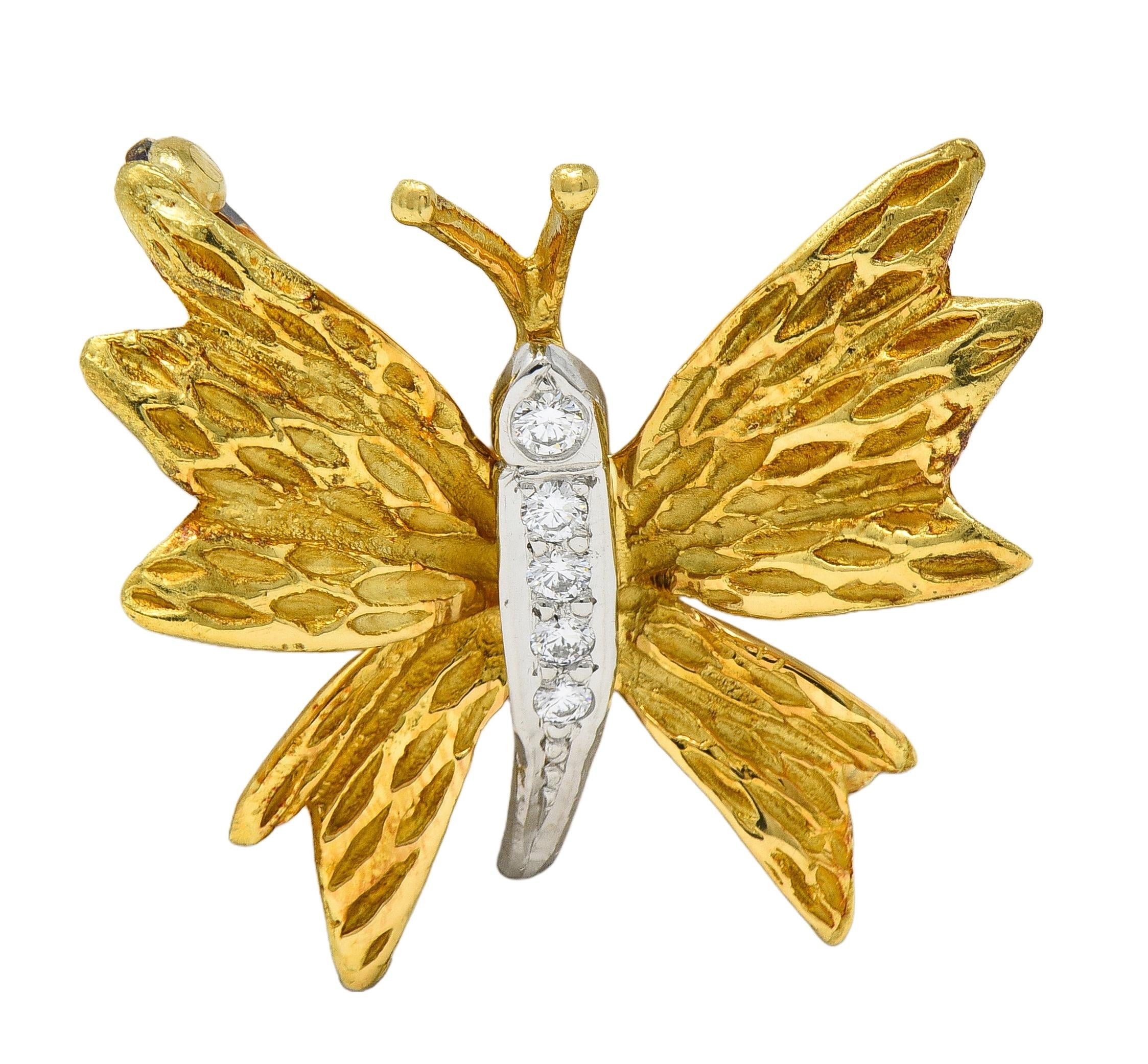 Tiffany & Co. 1990's Diamond Platinum 18K Yellow Gold Vintage Butterfly Brooch