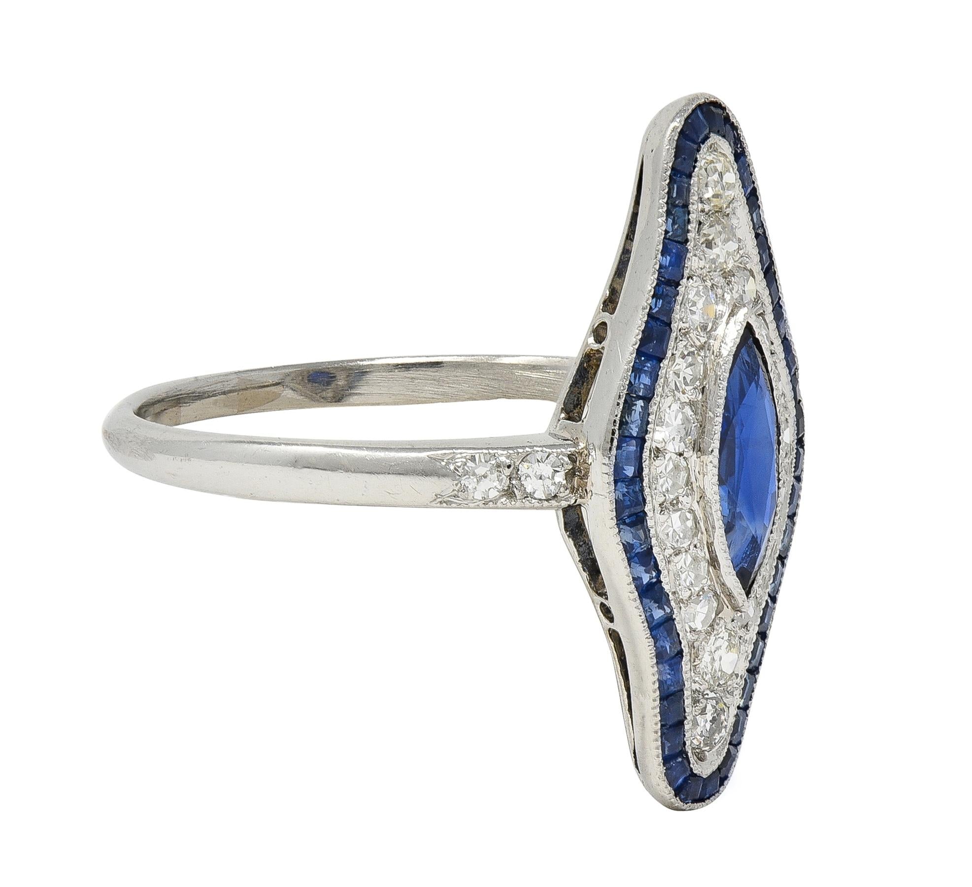 Art Deco 1.30 CTW Sapphire Diamond Platinum Vintage Navette Halo Dinner Ring