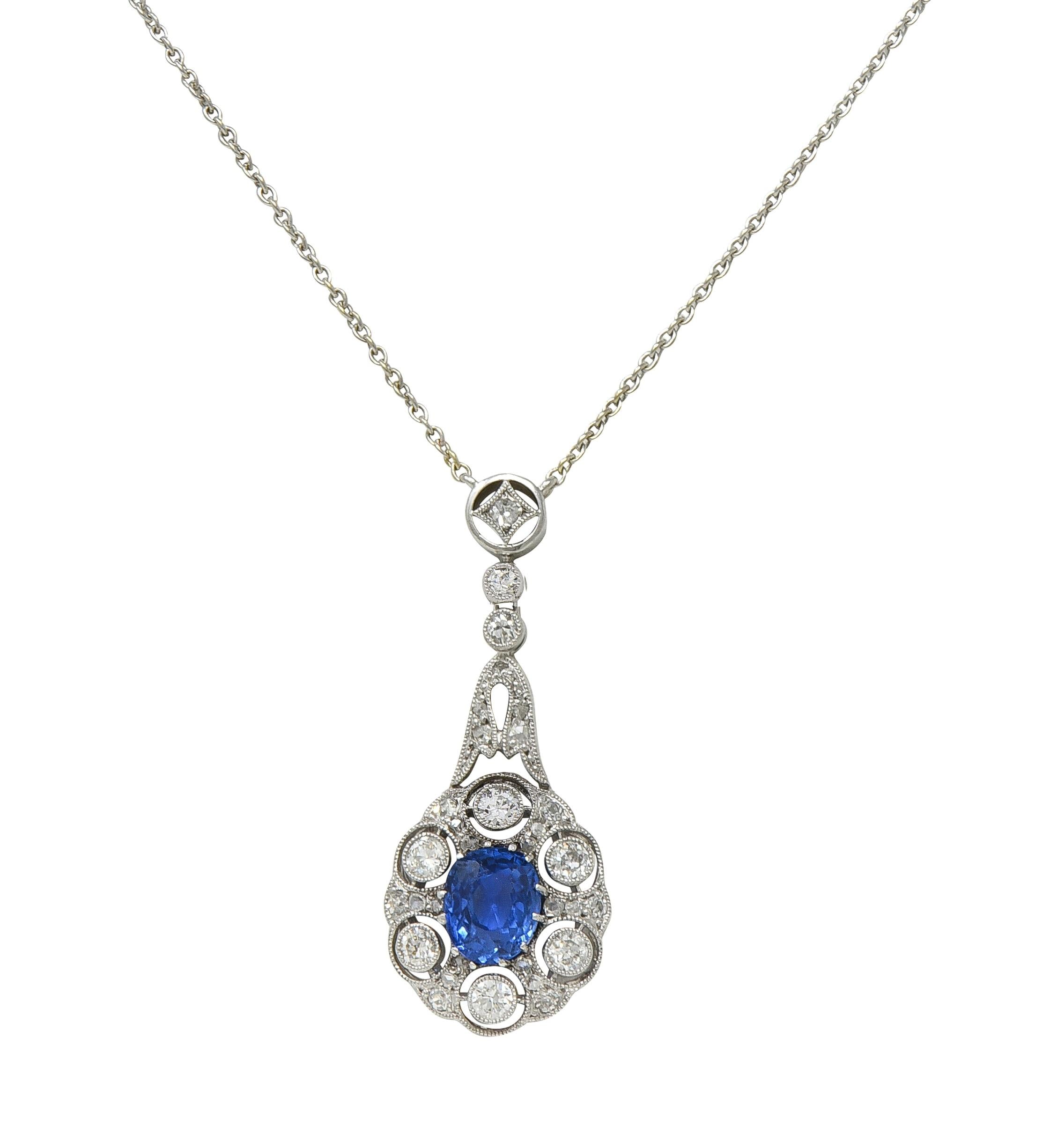 Edwardian 2.33 CTW No Heat Burma Sapphire Diamond Platinum Antique Drop Necklace